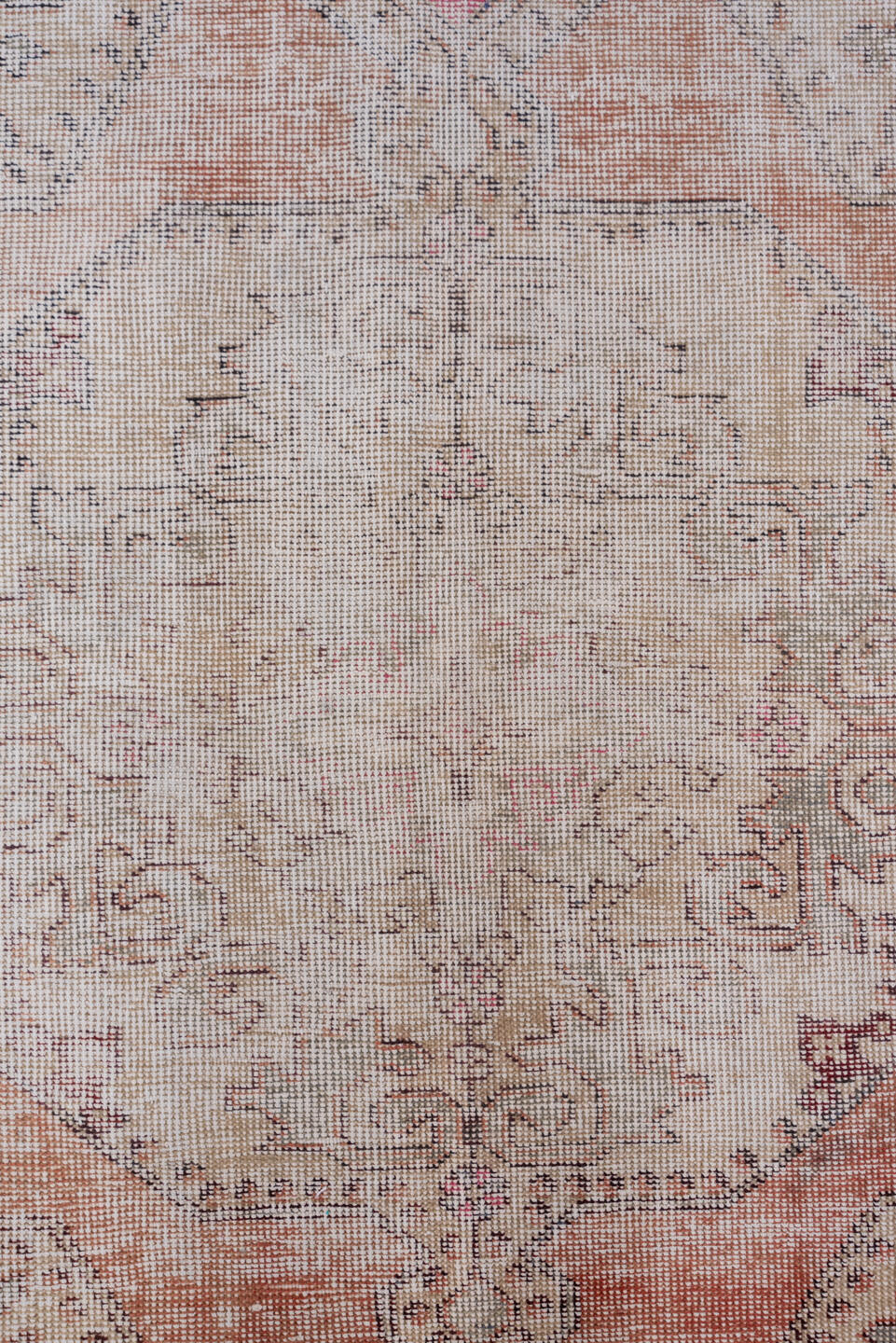 4' x 7' one-of-a-kind handmade vintage Oushak rug. Color palette: brown, light gray, off-white, gray, pink, yellow, red
