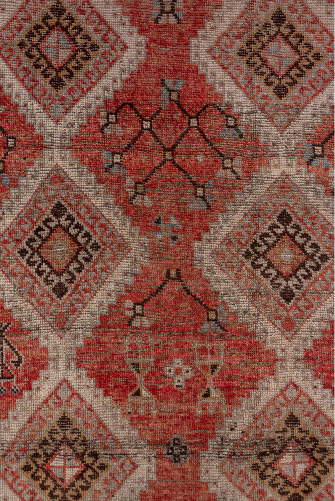 4' x 11' one-of-a-kind handmade vintage Oushak runner rug. Color palette: brown, gray, pink, red