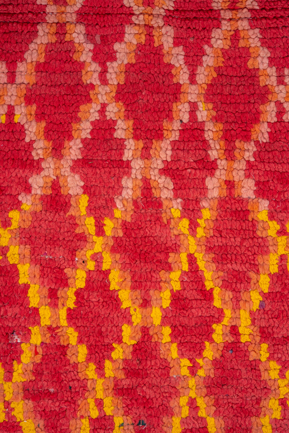 3' x 9' one-of-a-kind handmade vintage Rag Rug runner rug. Color palette: pink, orange, brown, red, fire brick