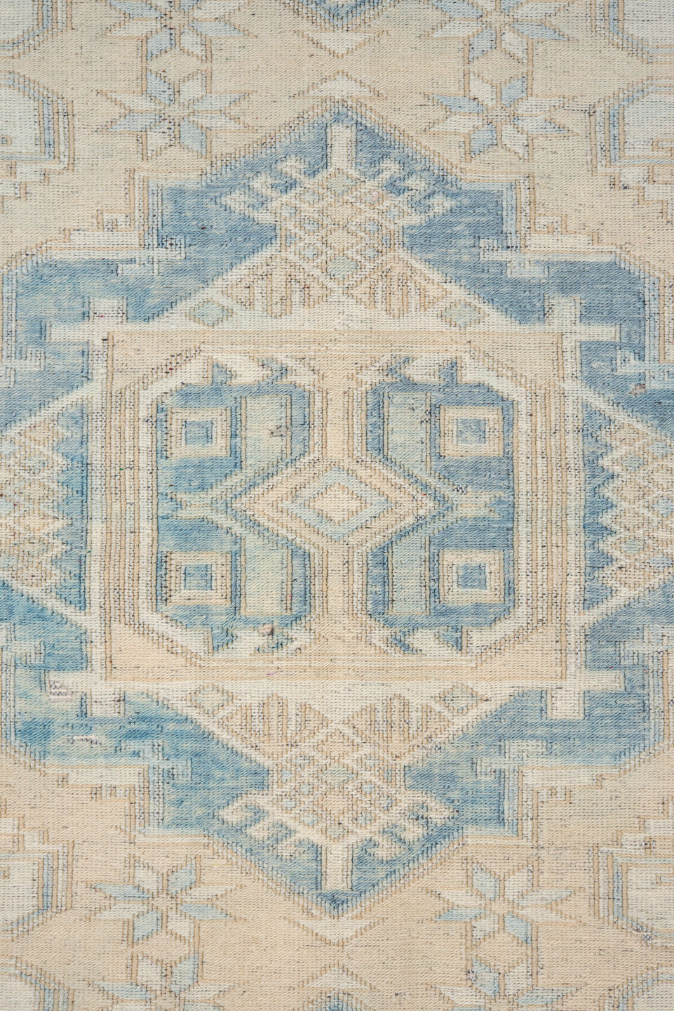 4' x 5' one-of-a-kind handmade vintage Sumak small size rug. Color palette: blue, gray, off-white, light gray, brown