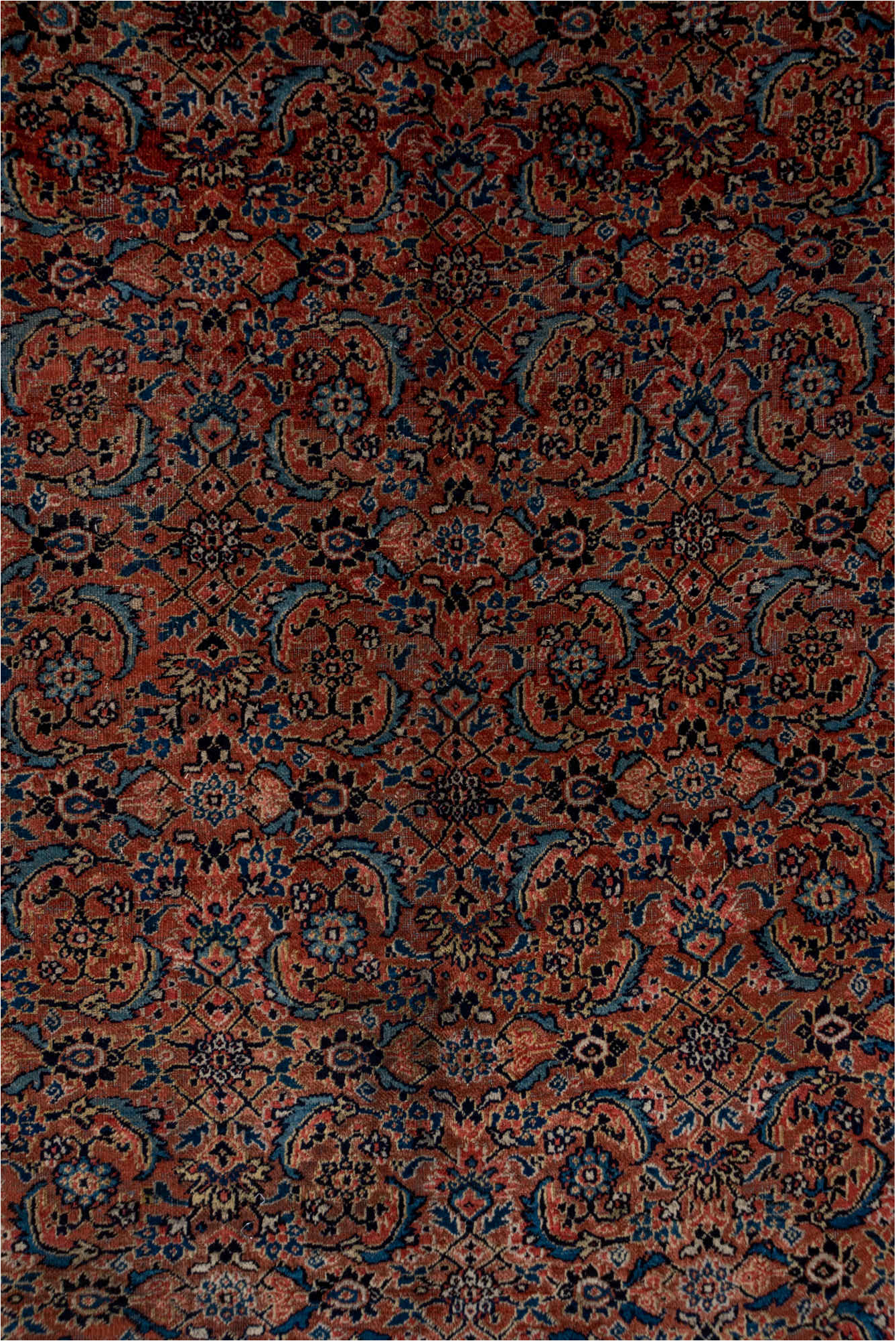 7' x 16' one-of-a-kind handmade vintage Karabagh rug. Color palette: black, blue, brown, gray, pink, red
