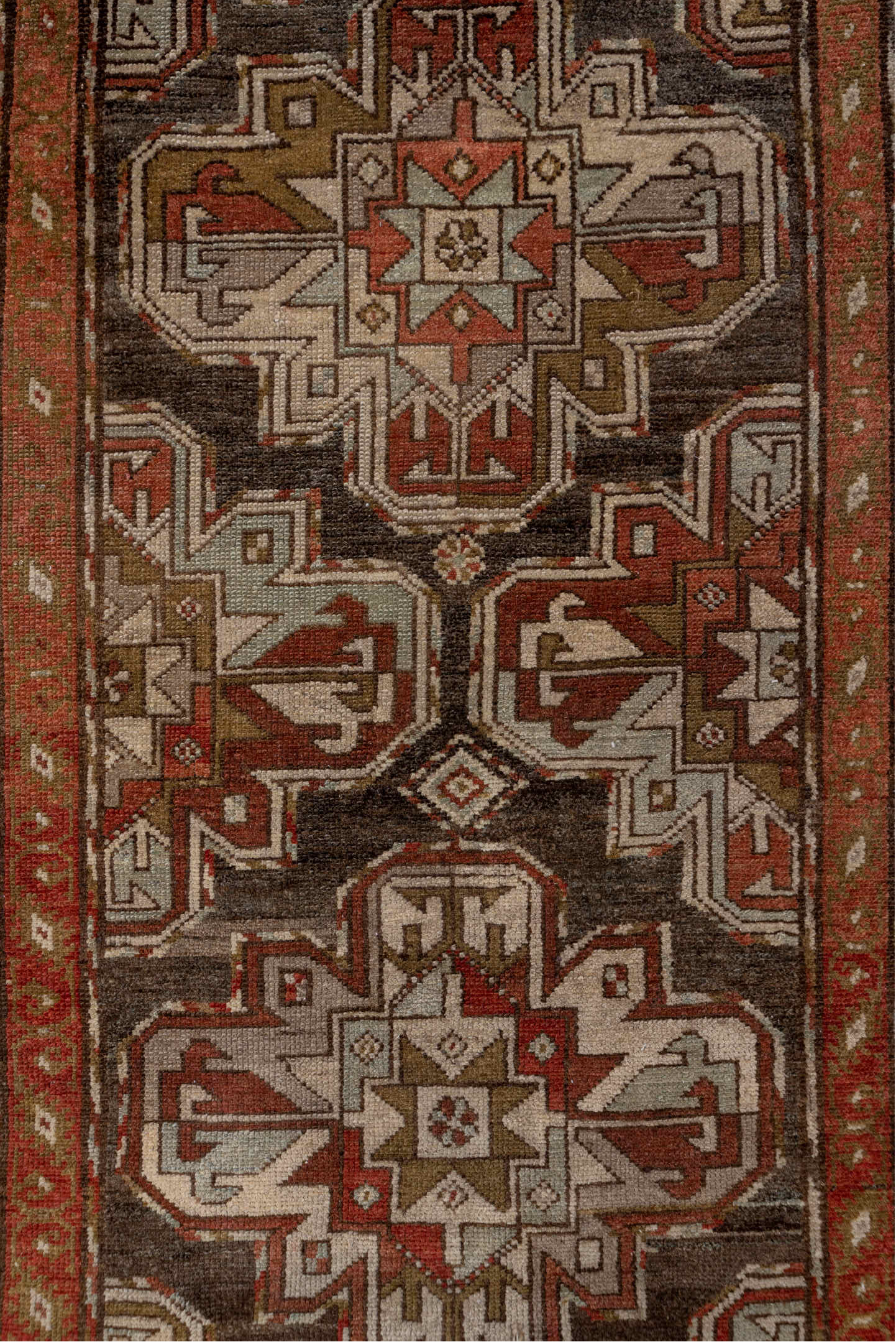 3' x 9' one-of-a-kind handmade vintage Malayer runner rug. Color palette: gray, brown, red, off-white, white, snow