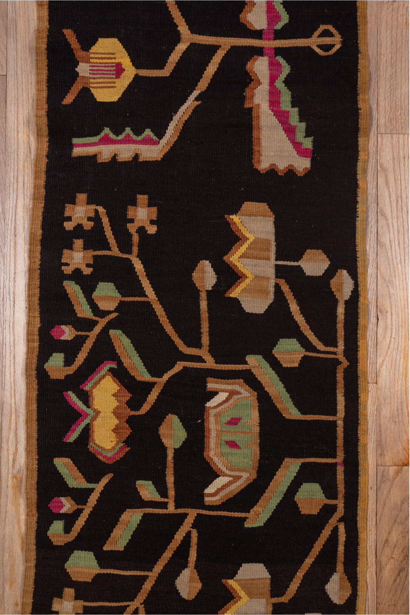 1' x 23' one-of-a-kind handmade vintage Besserabian rug. Color palette: black, brown, gray, light gray, off-white, pink, red
