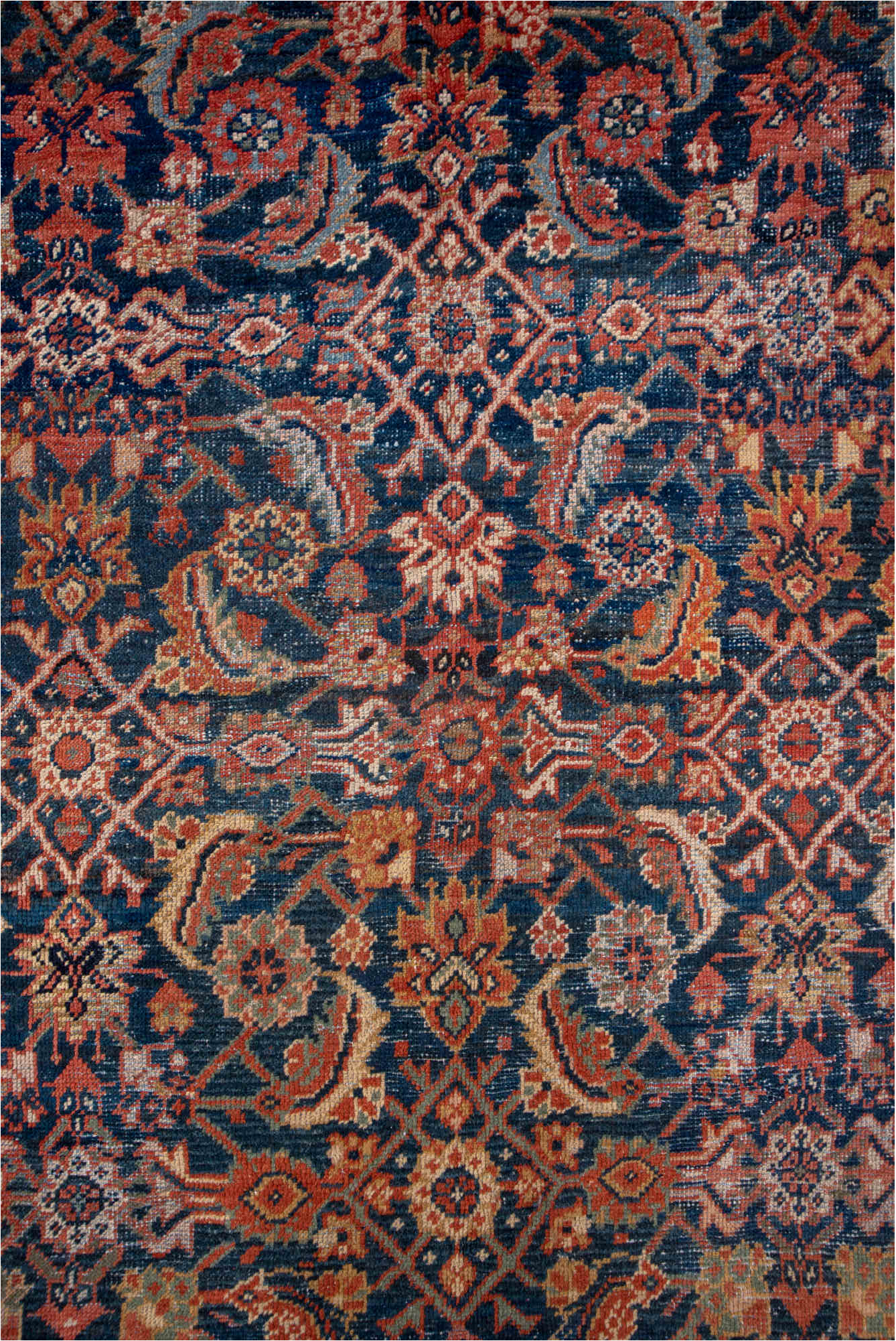 8' x 11' one-of-a-kind handmade vintage Mahal large size rug. Color palette: black, blue, brown, gray, pink, red, redwood