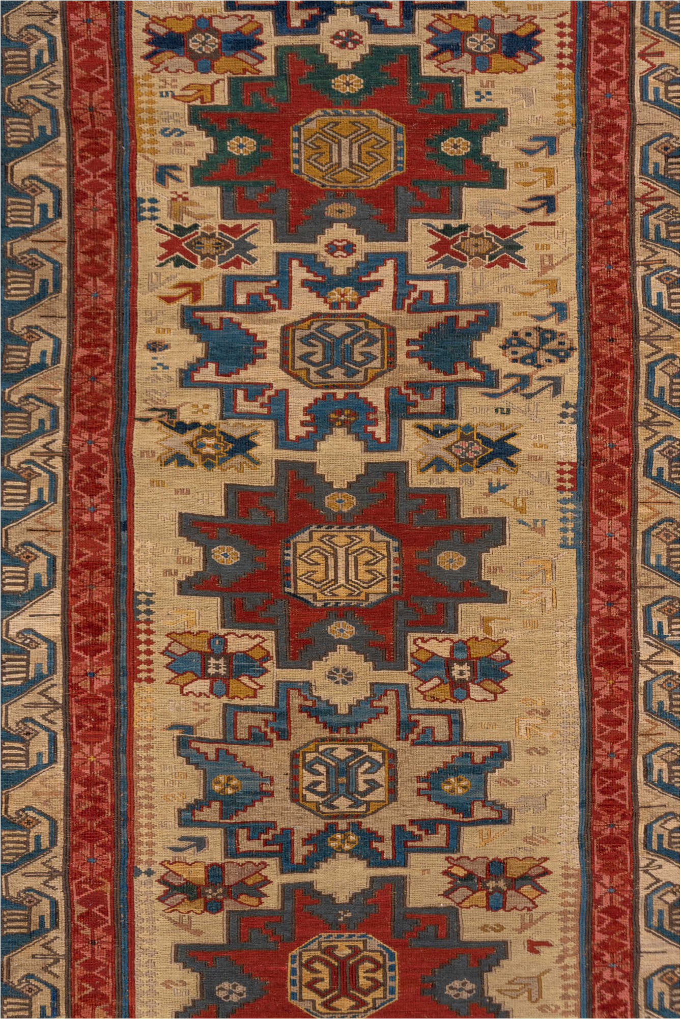 3' x 8' one-of-a-kind handmade vintage Sumak runner rug. Color palette: arapawa, black, blue, brown, charcoal, fiord, gray