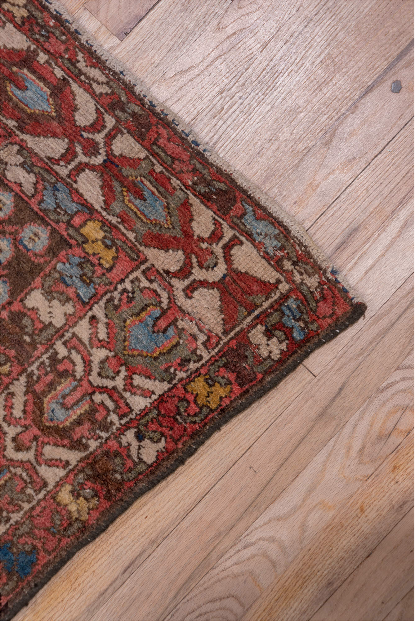 2' x 12' one-of-a-kind handmade vintage Malayer runner rug. Color palette: blue, brown, dim gray, gray, pink, red, redwood