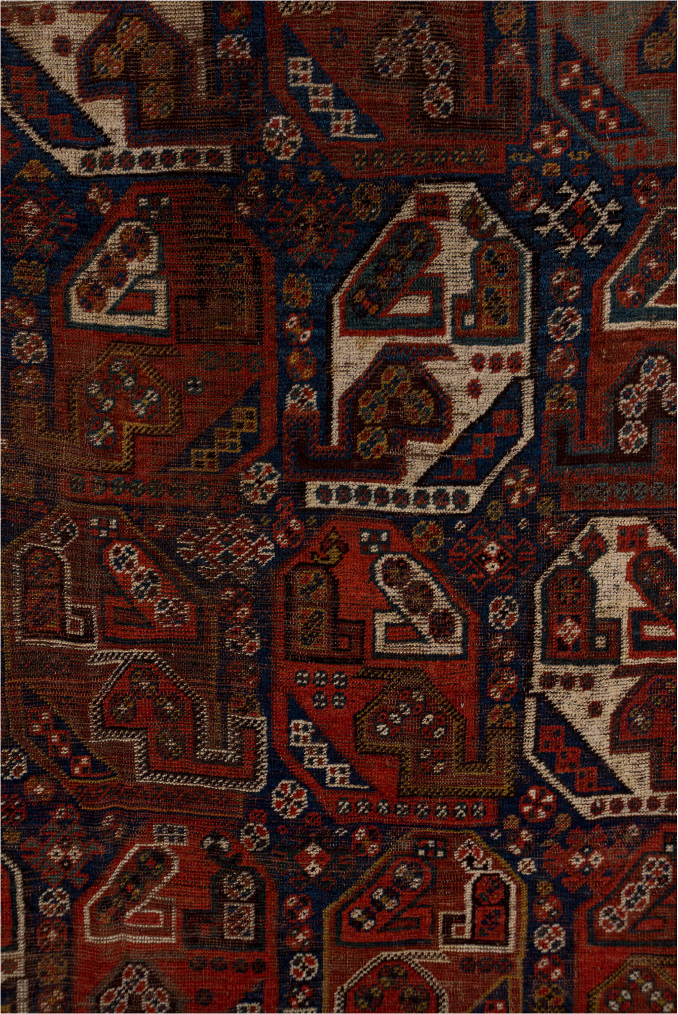 7' x 9' one-of-a-kind handmade vintage Shiraz rug. Color palette: gray, pink, brown, light gray, off-white, black, red, blue