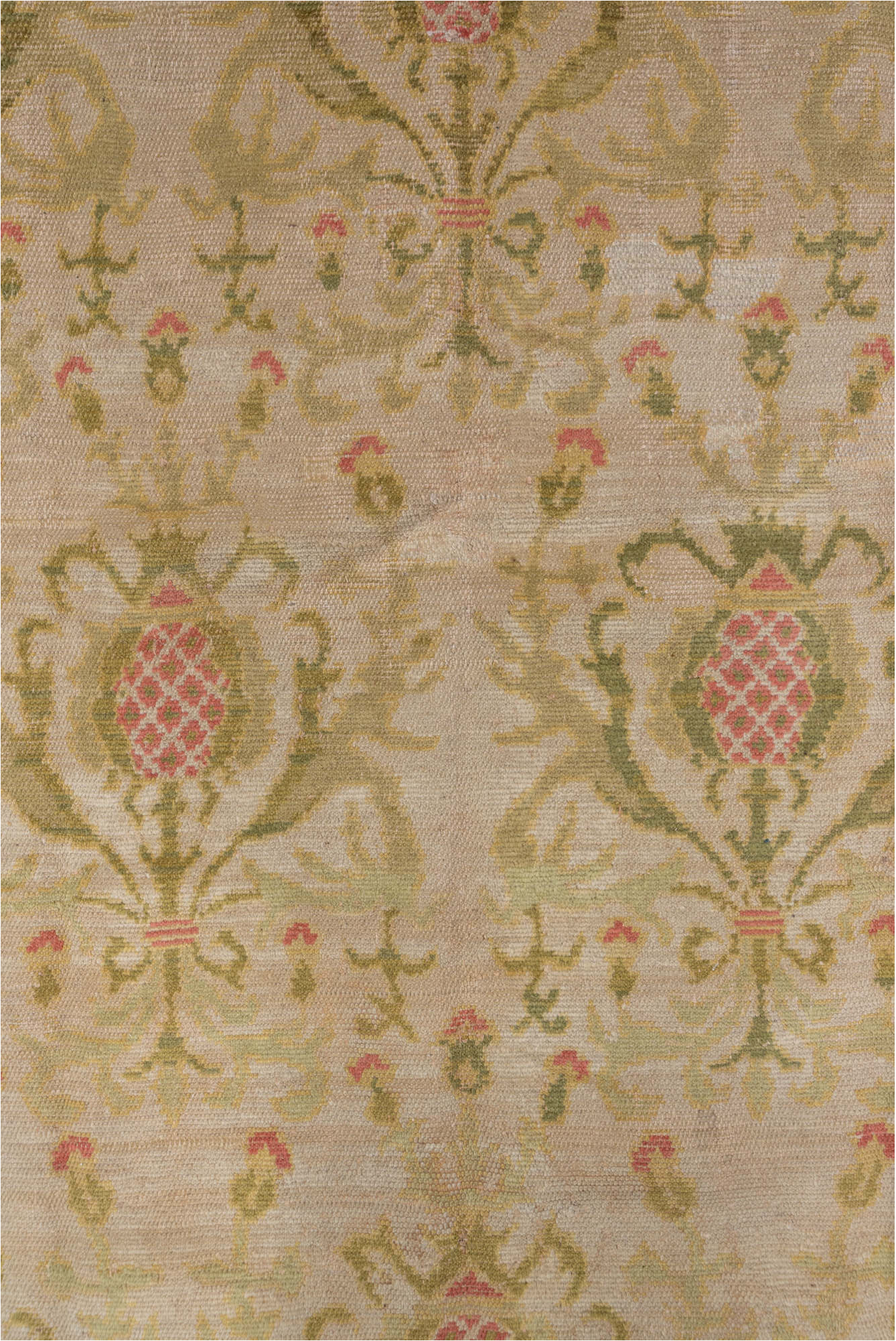 5' x 7' one-of-a-kind handmade vintage Spanish rug. Color palette: brown, gray, navajo white, off-white, orange, peach puff