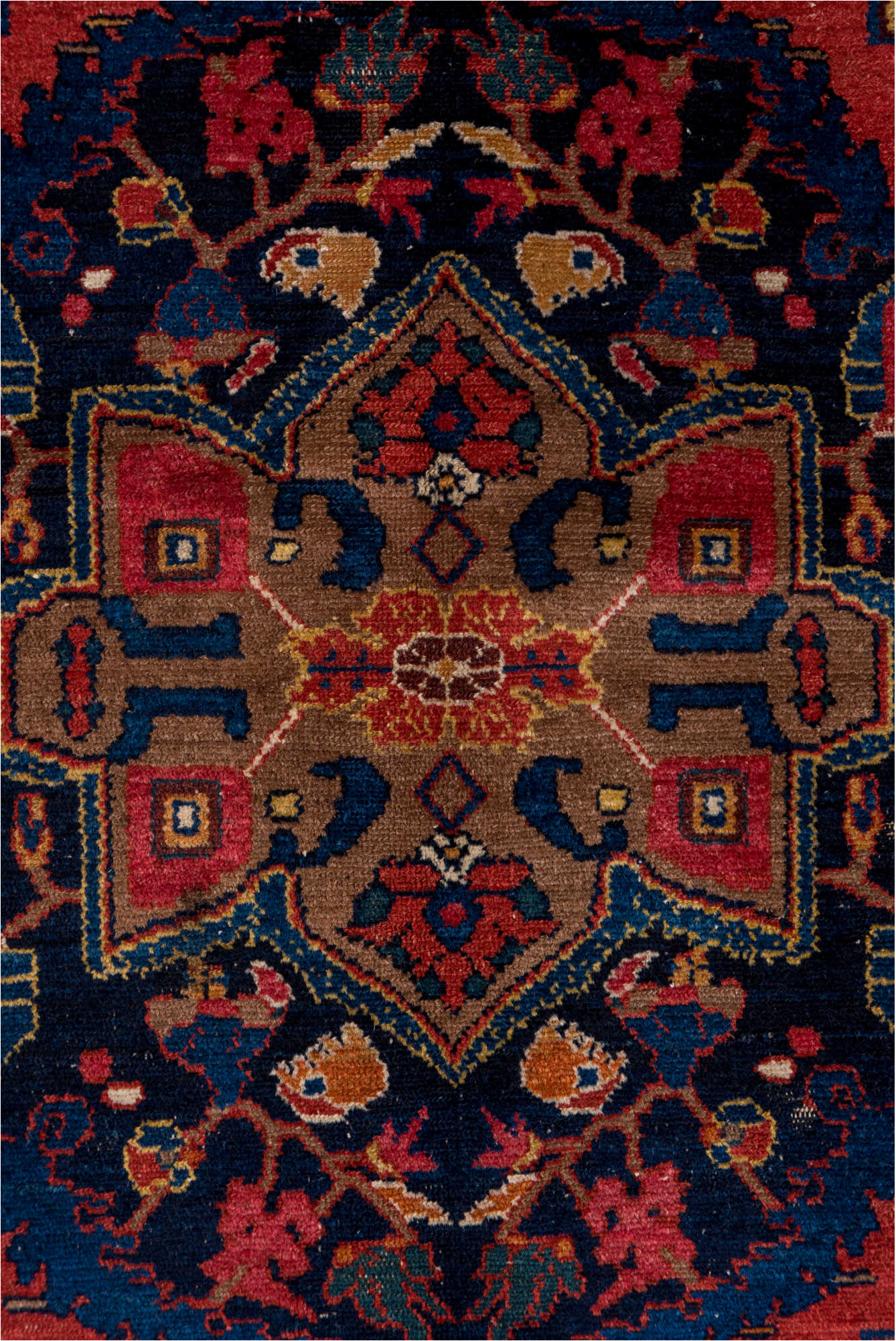 3' x 4' one-of-a-kind handmade vintage Senne small size rug. Color palette: black, blue, brown, charcoal, gray, off-white