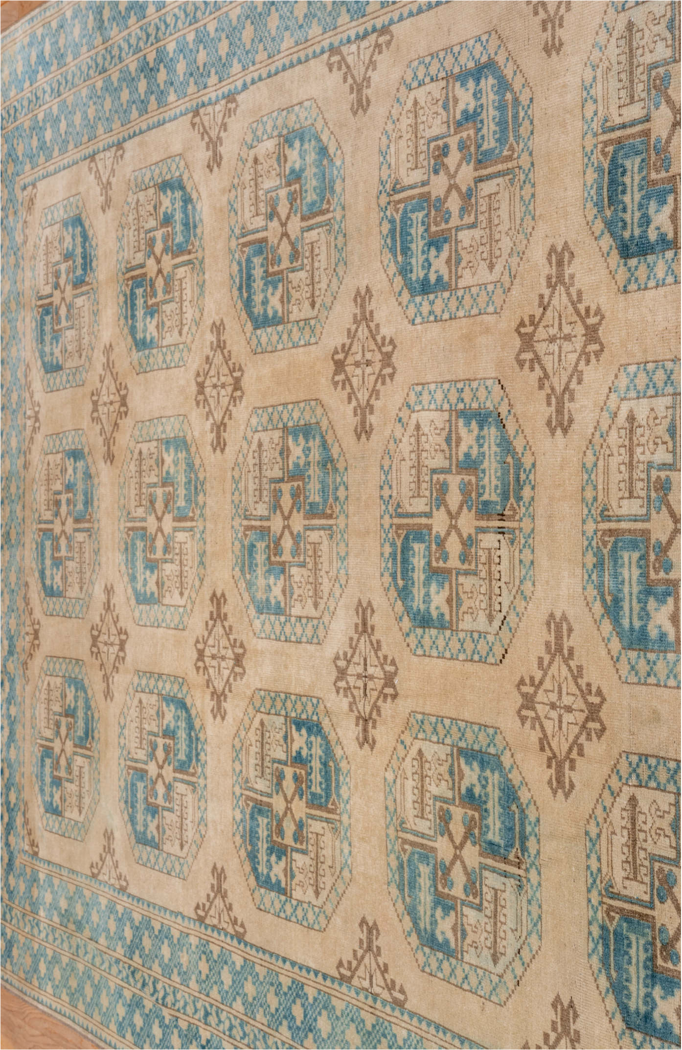 7' x 10' one-of-a-kind handmade vintage Afghan large size rug. Color palette: pink, gray, orange, off-white, brown