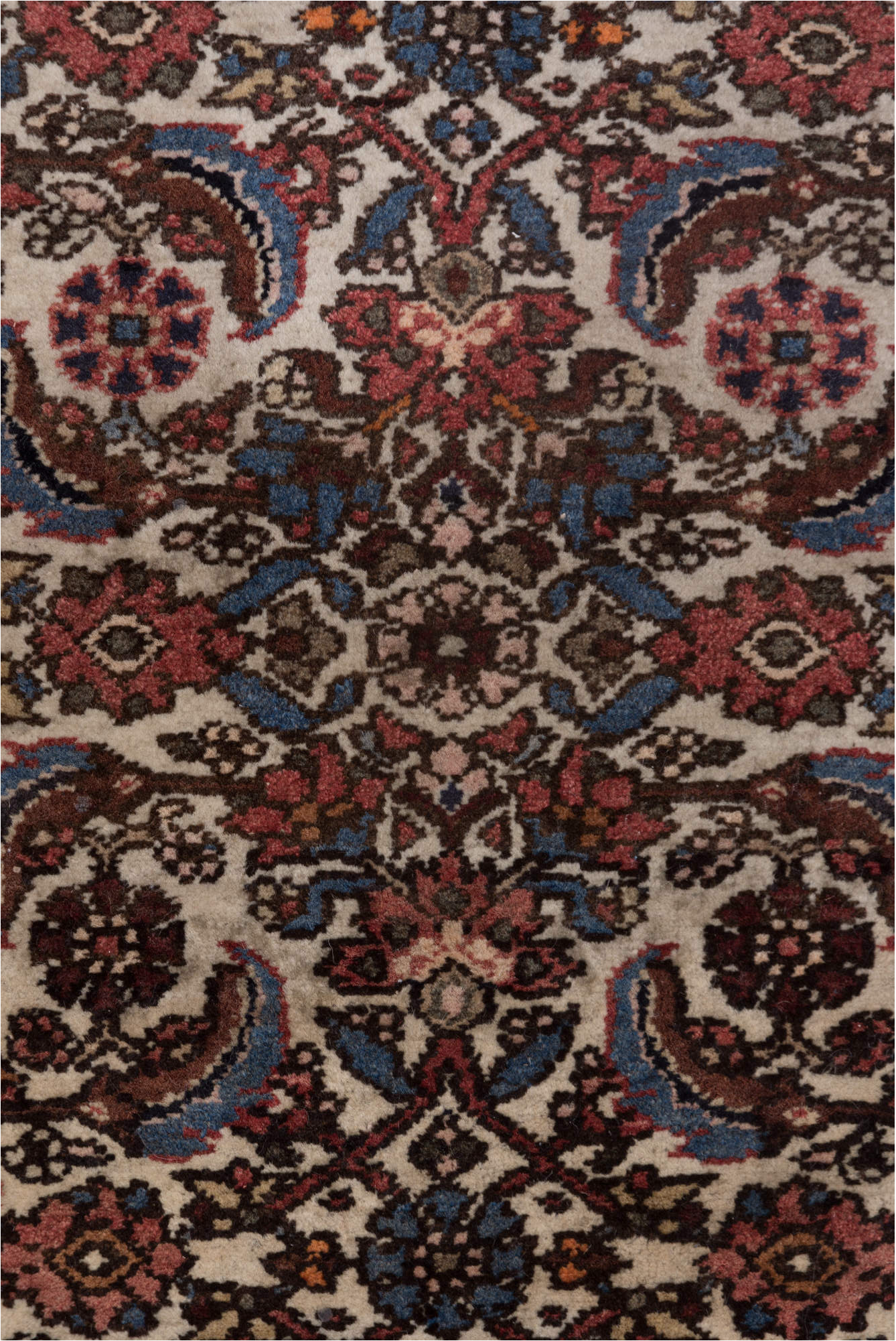 2' x 4' one-of-a-kind handmade vintage Malayer small size rug. Color palette: blue, brown, dim gray, gray, pink, red