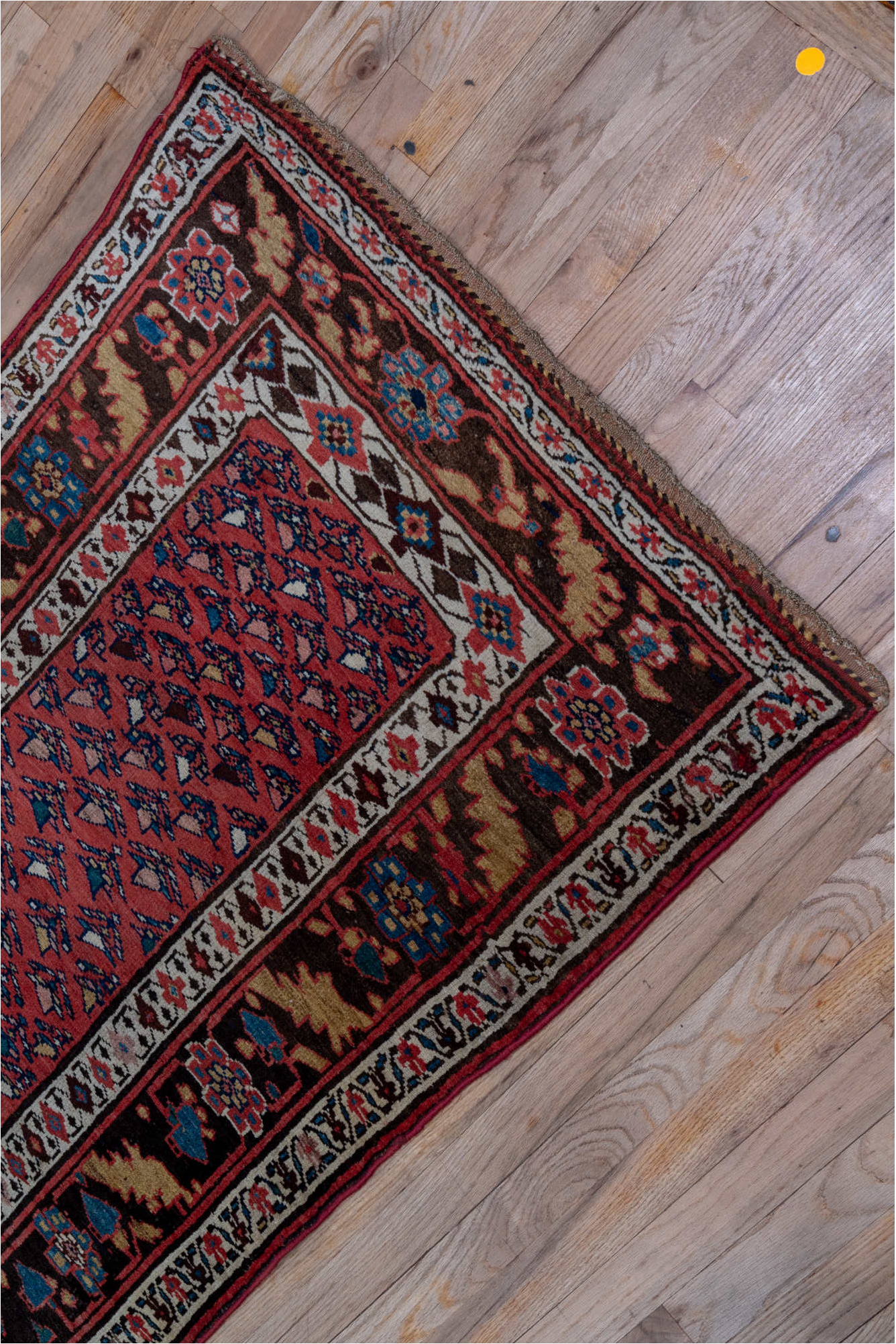 2' x 14' one-of-a-kind handmade vintage Kurd Bidjar runner rug. Color palette: brown, gray, off-white, pink, red, snow