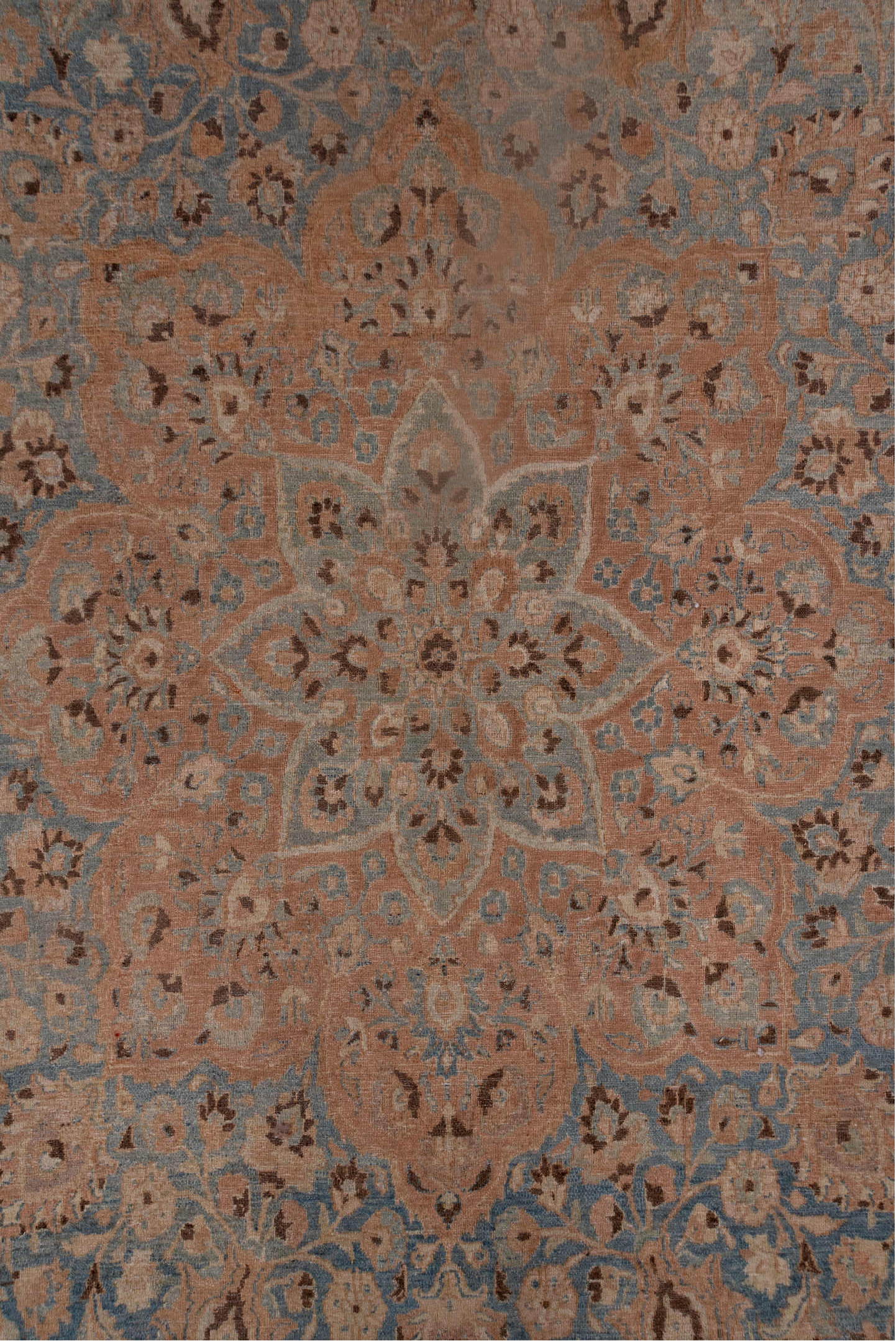 13' x 17' one-of-a-kind handmade vintage Meshed oversize rug. Color palette: brown, gray, blue, dim gray