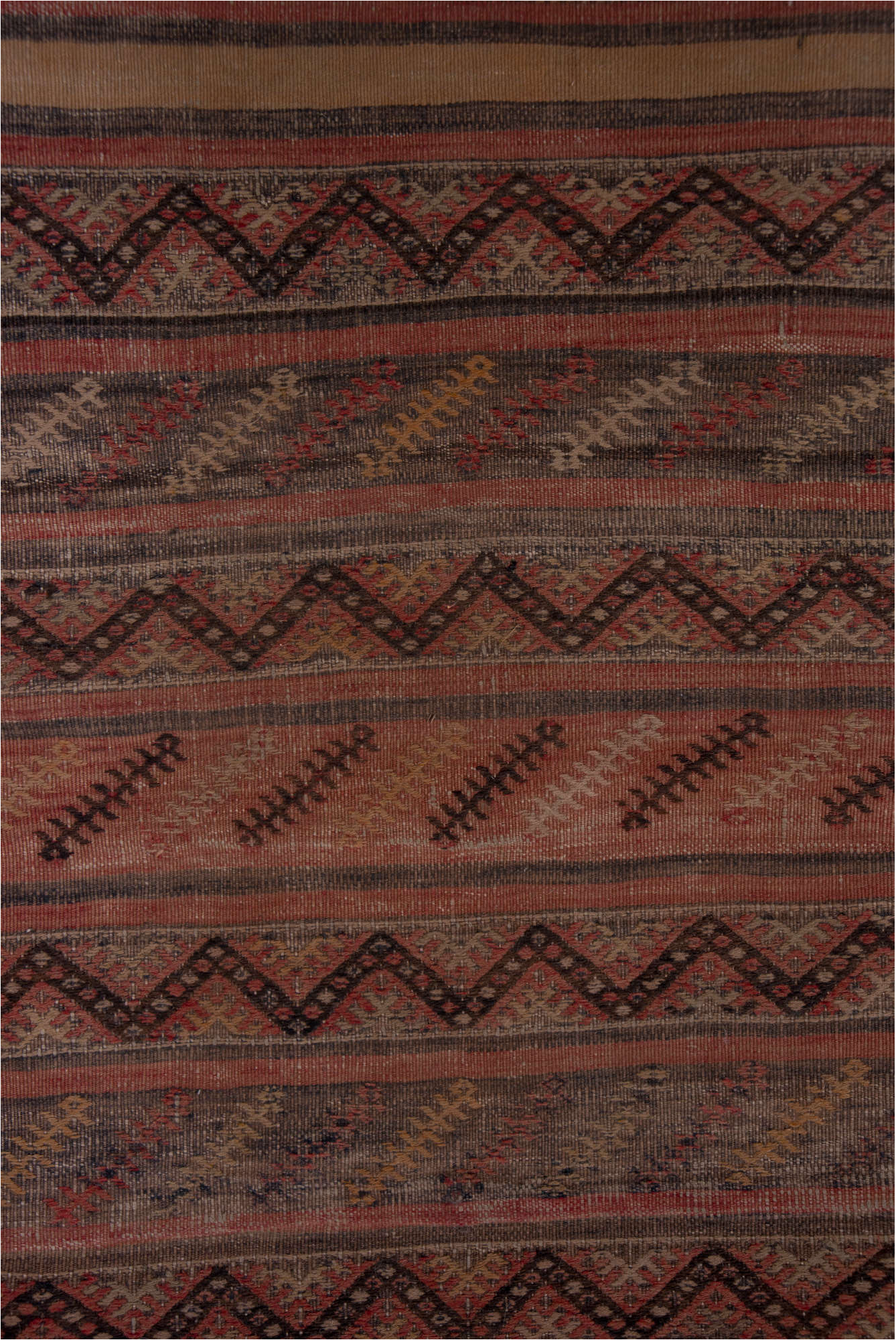 2' x 15' one-of-a-kind handmade vintage Jijim runner rug. Color palette: brown, gray, off-white, pink, red, redwood, snow