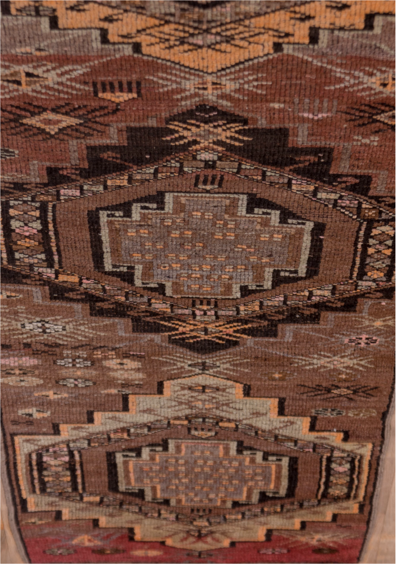 2' x 14' one-of-a-kind handmade vintage Kars runner rug. Color palette: brown, gray, pink, redwood