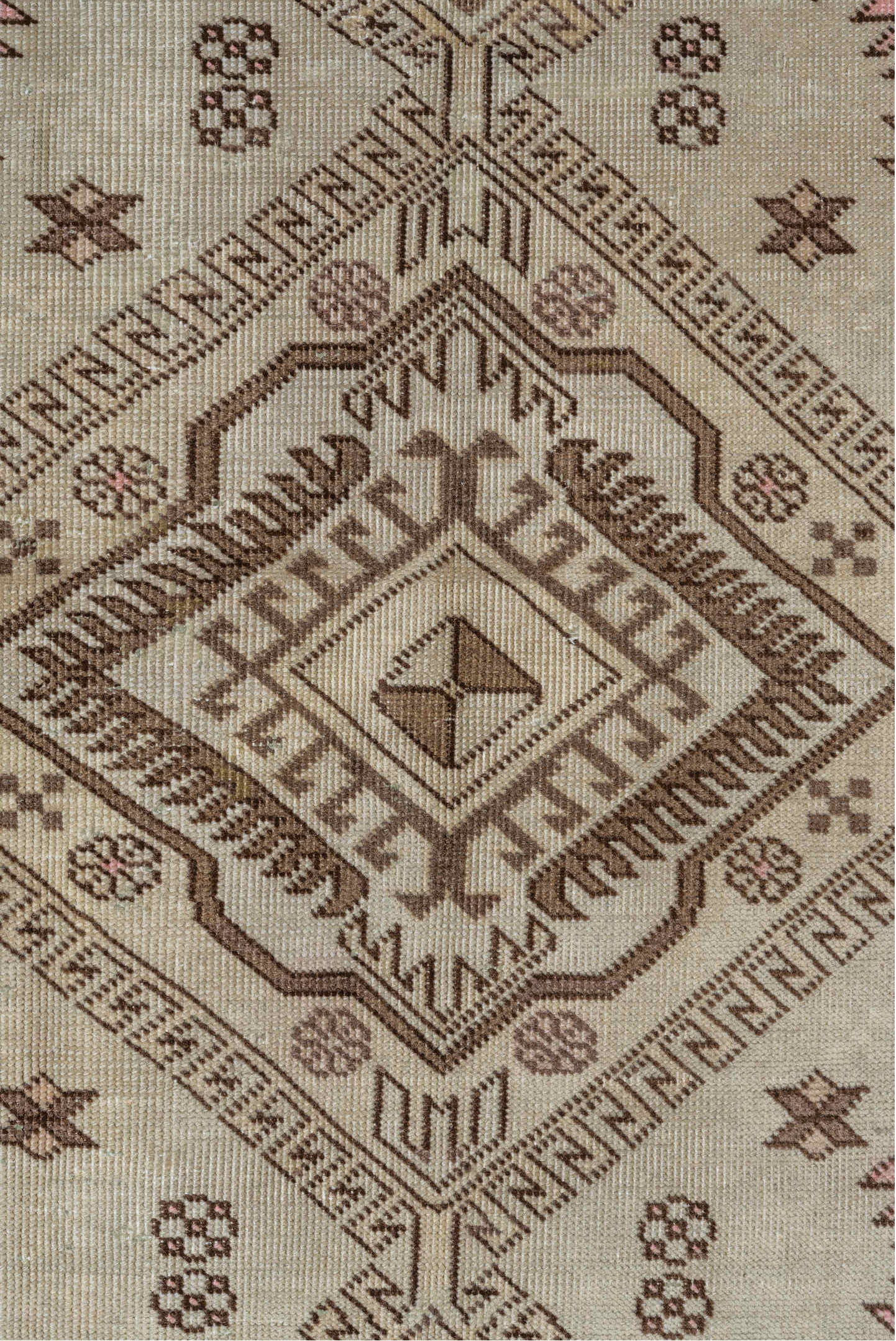 4' x 6' one-of-a-kind handmade vintage  small size rug. Color palette: gray, brown, light gray, off-white, pink, orange