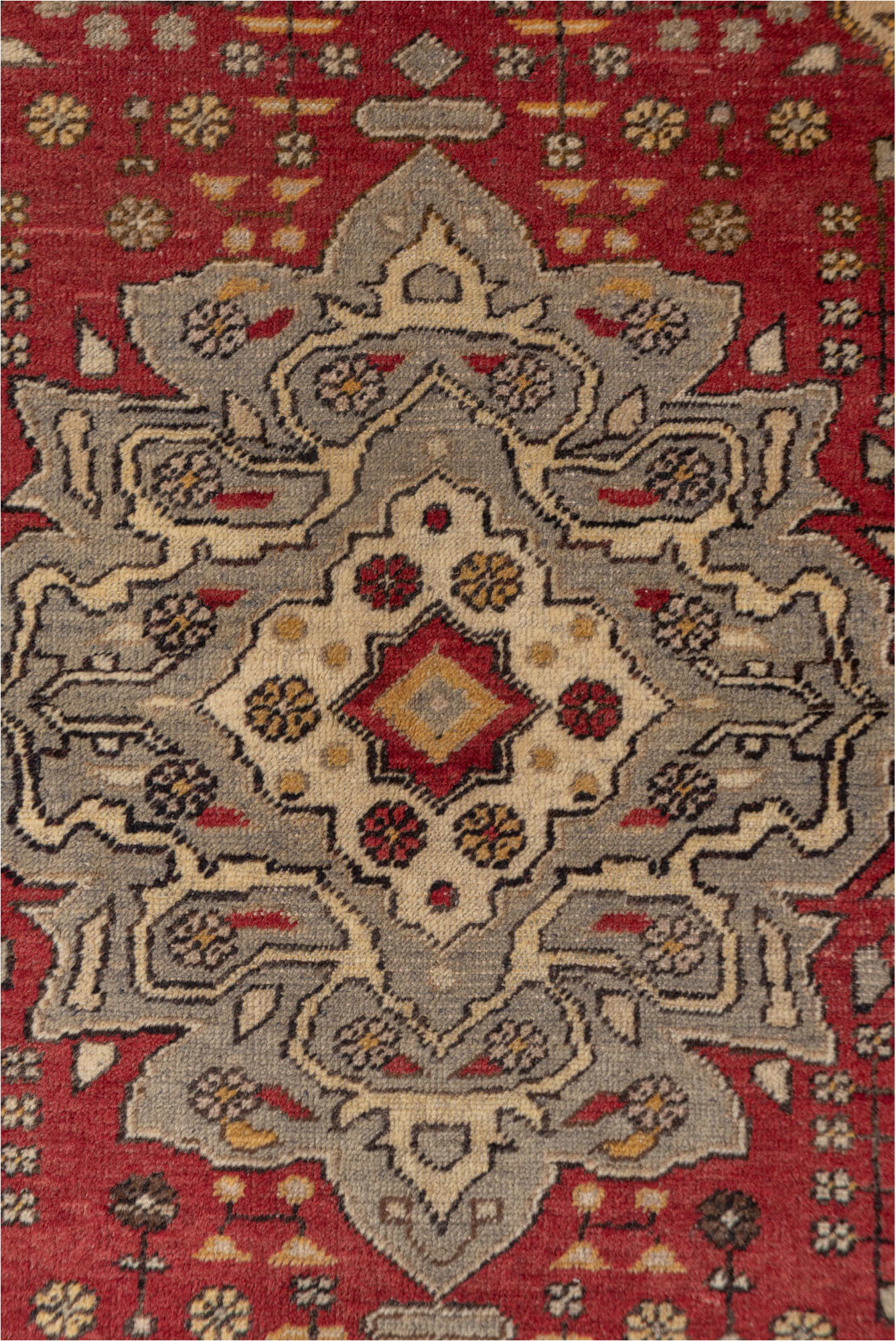 4' x 6' one-of-a-kind handmade vintage Oushak small size rug. Color palette: brown, gray, light gray, off-white, pink, red