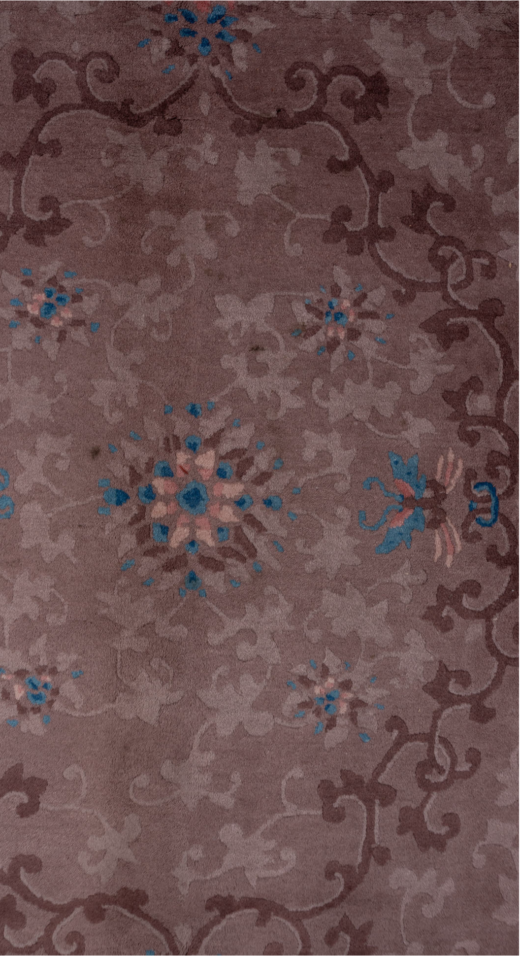 9' x 11' one-of-a-kind handmade vintage Chinese large size rug. Color palette: blue, brown, gray, pink