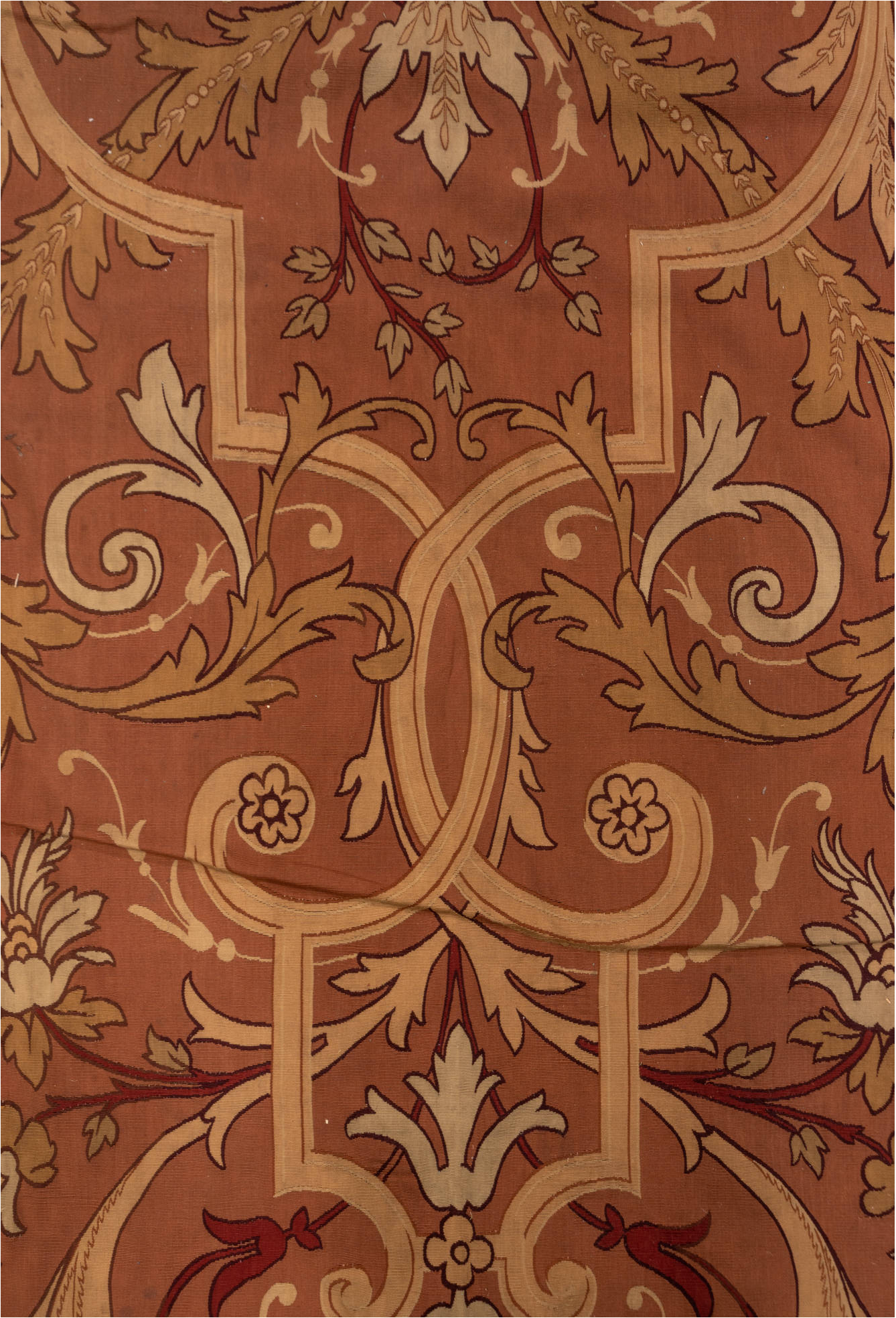 5' x 10' one-of-a-kind handmade vintage Aubusson runner rug. Color palette: brown, gray, pink, red