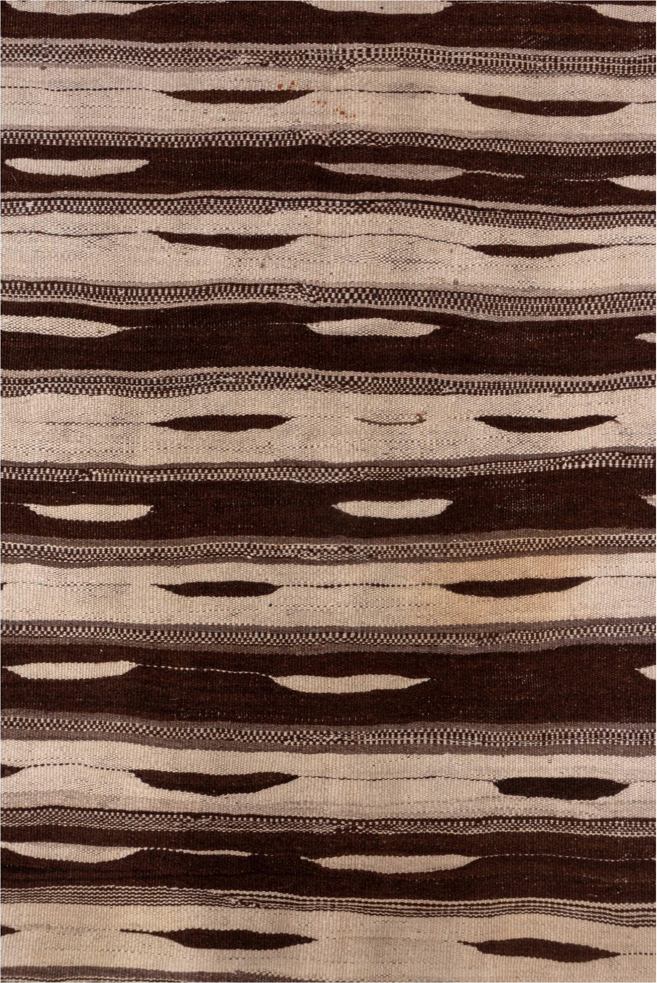 4' x 10' one-of-a-kind handmade vintage Kilim runner rug. Color palette: brown, gray, light gray, off-white, pink, snow