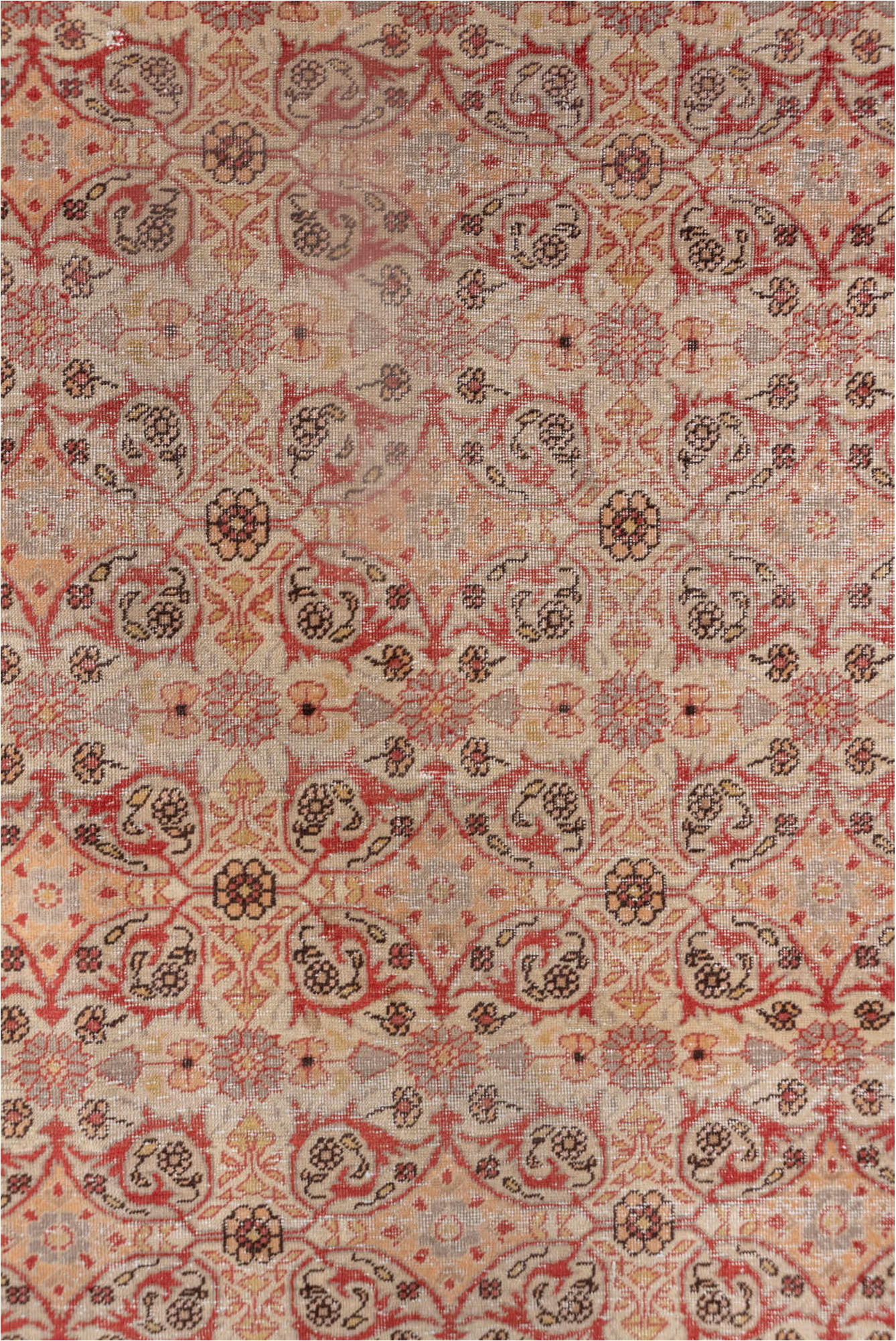 4' x 5' one-of-a-kind handmade vintage Oushak small size rug. Color palette: brown, gray, light gray, off-white, pink, red