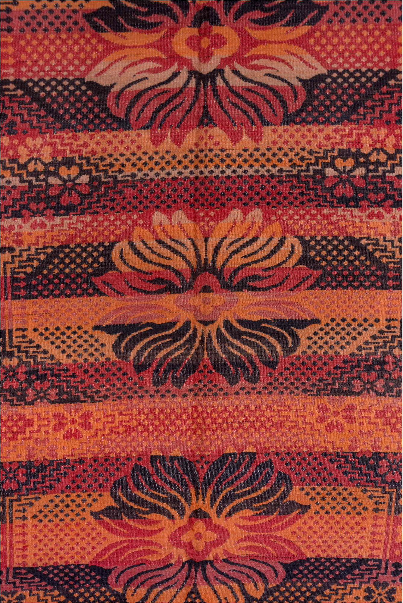 5' x 11' one-of-a-kind handmade vintage Kilim rug. Color palette: black, brown, gray, pink, red, wine