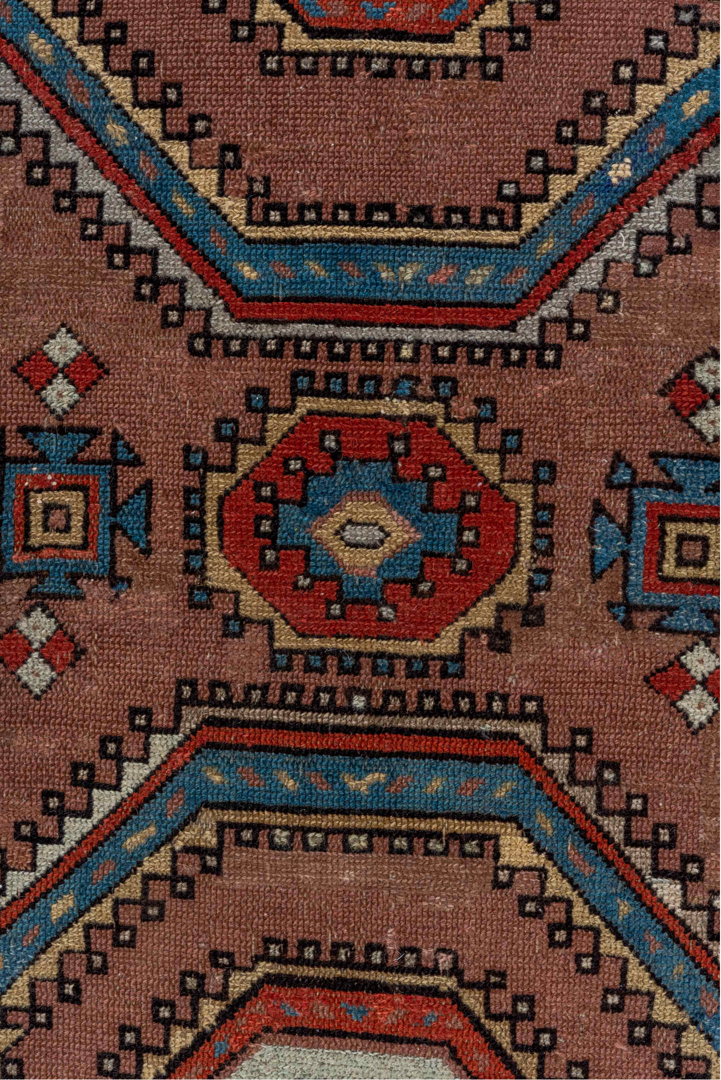3' x 5' one-of-a-kind handmade vintage Caucasian small size rug. Color palette: black, blue, gray, brown, arapawa