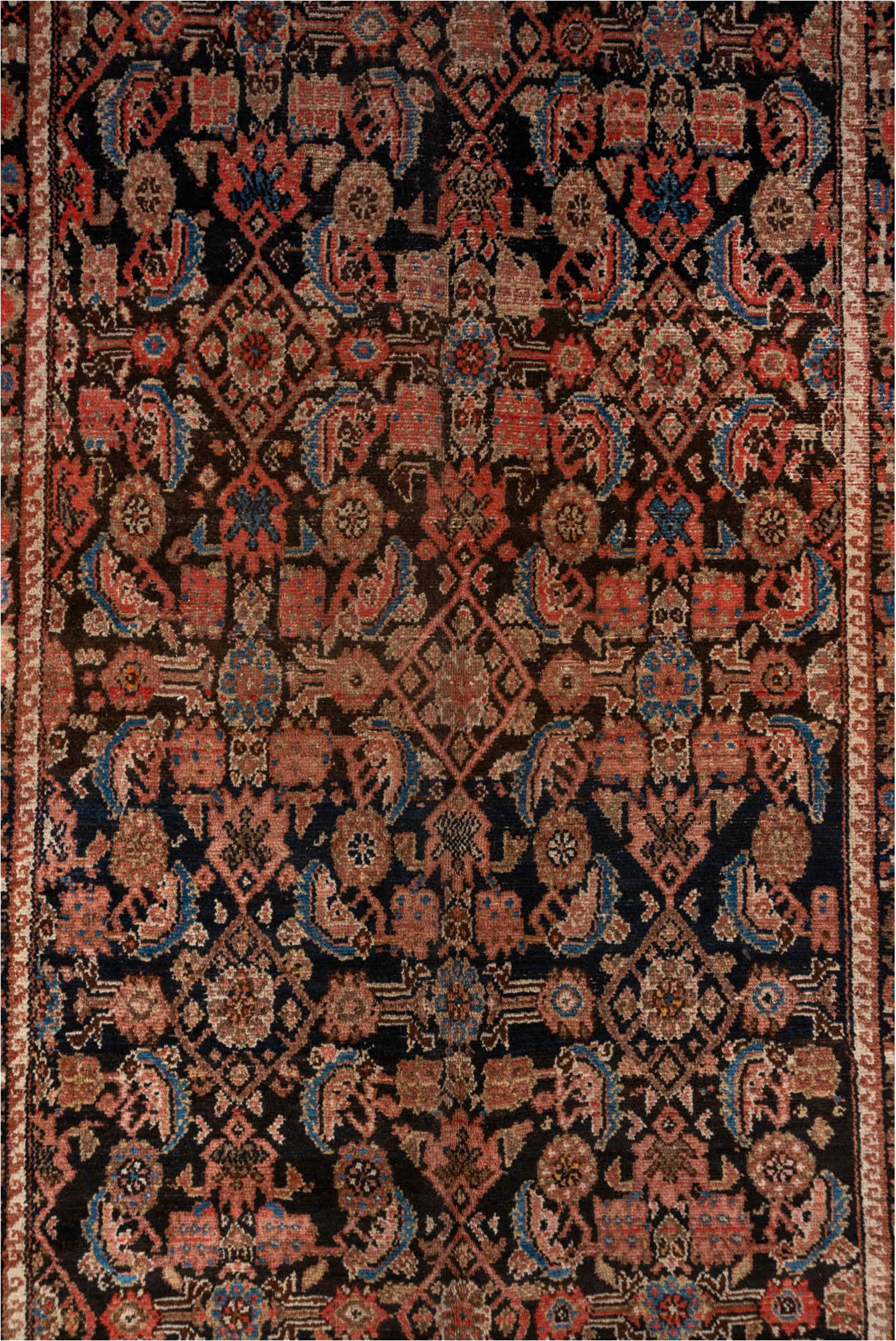 4' x 10' one-of-a-kind handmade vintage Malayer runner rug. Color palette: black, blue, brown, charcoal, gray, pink, red