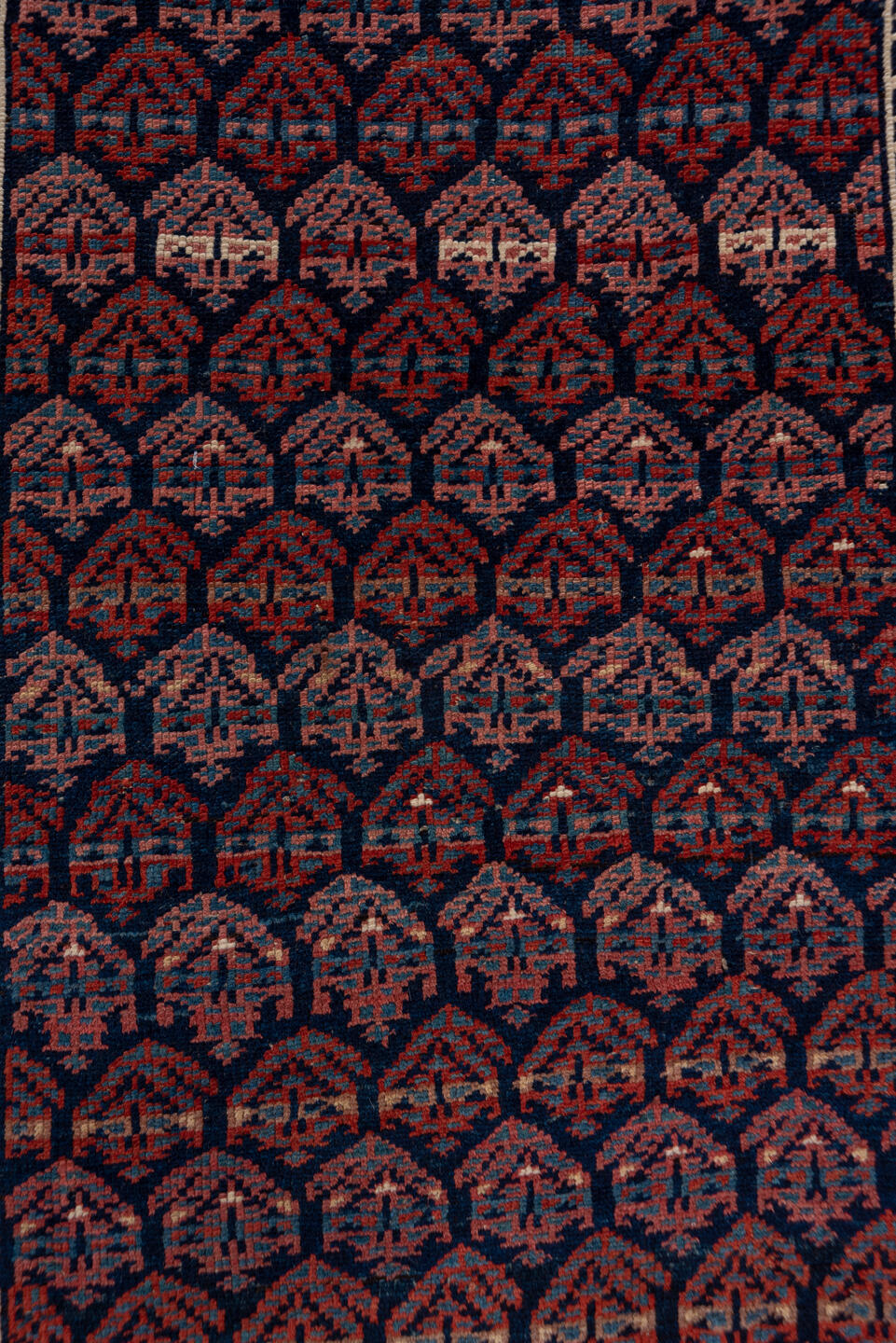 3' x 16' one-of-a-kind handmade vintage Kurd runner rug. Color palette: pink, gray, brown, red, blue, black