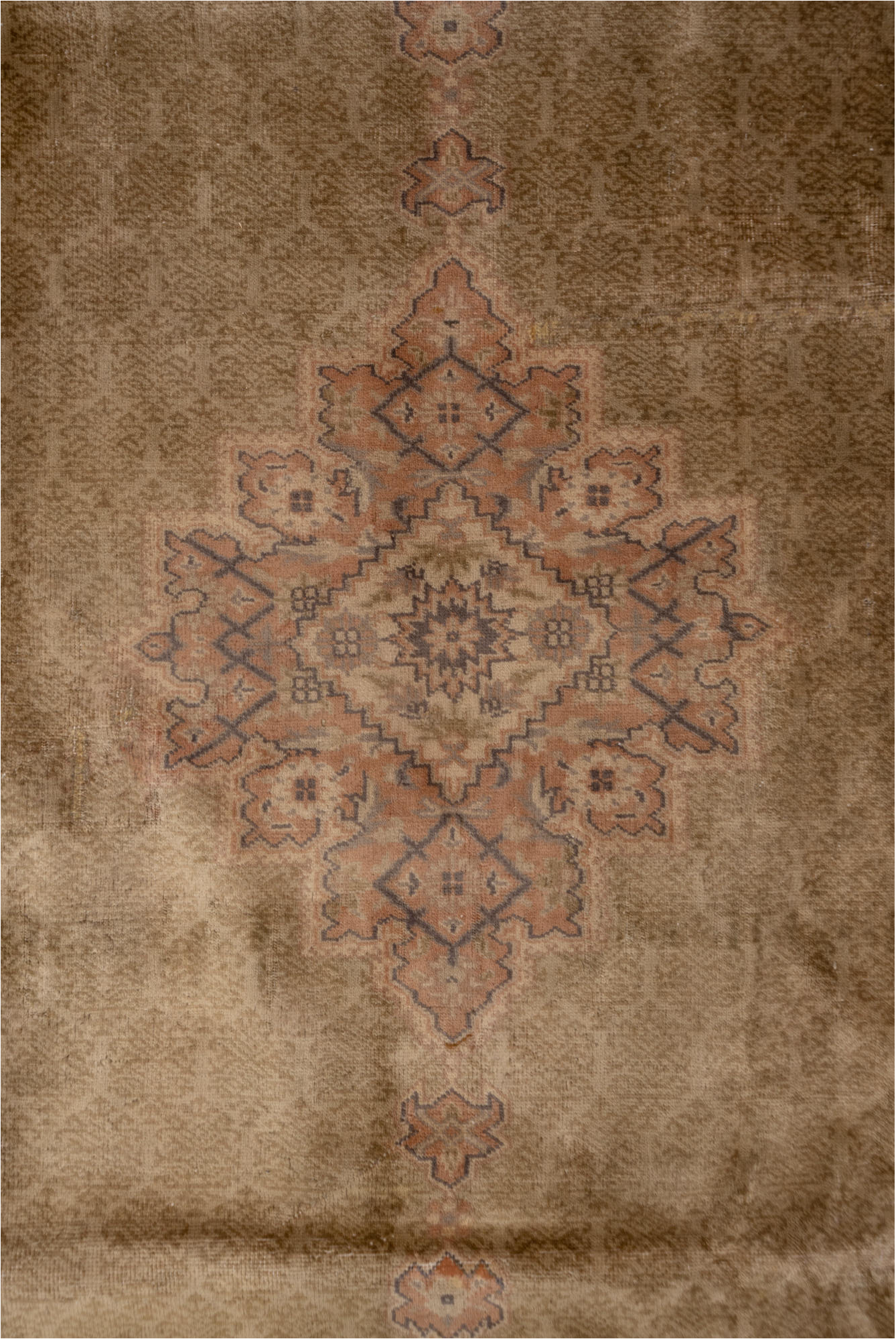 8' x 10' one-of-a-kind handmade vintage Sivas large size rug. Color palette: brown, off-white, orange, pink, tan
