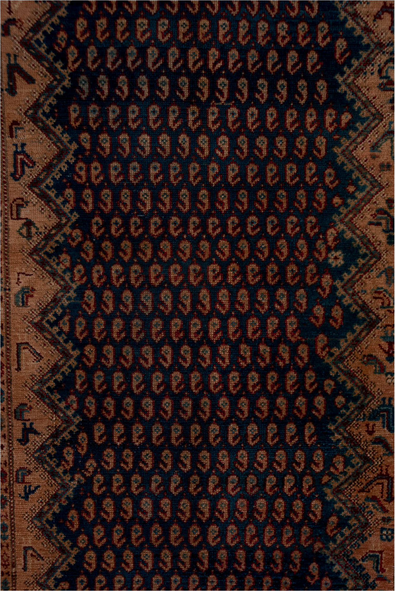 3' x 16' one-of-a-kind handmade vintage Malayer runner rug. Color palette: blue, brown, dim gray, gray, off-white, pink