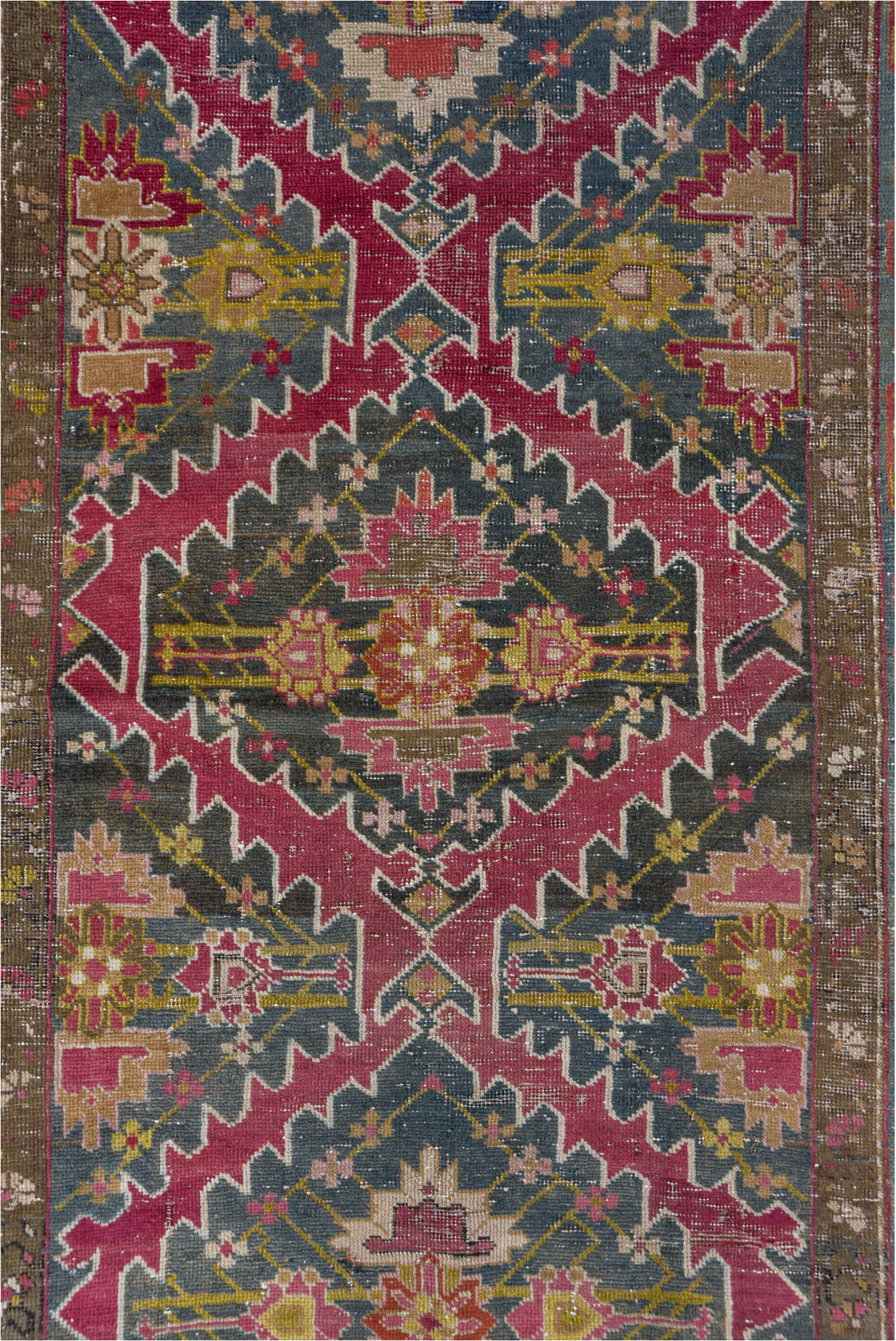 3' x 17' one-of-a-kind handmade vintage Karabagh runner rug. Color palette: black, brown, charcoal, gray, off-white, pink