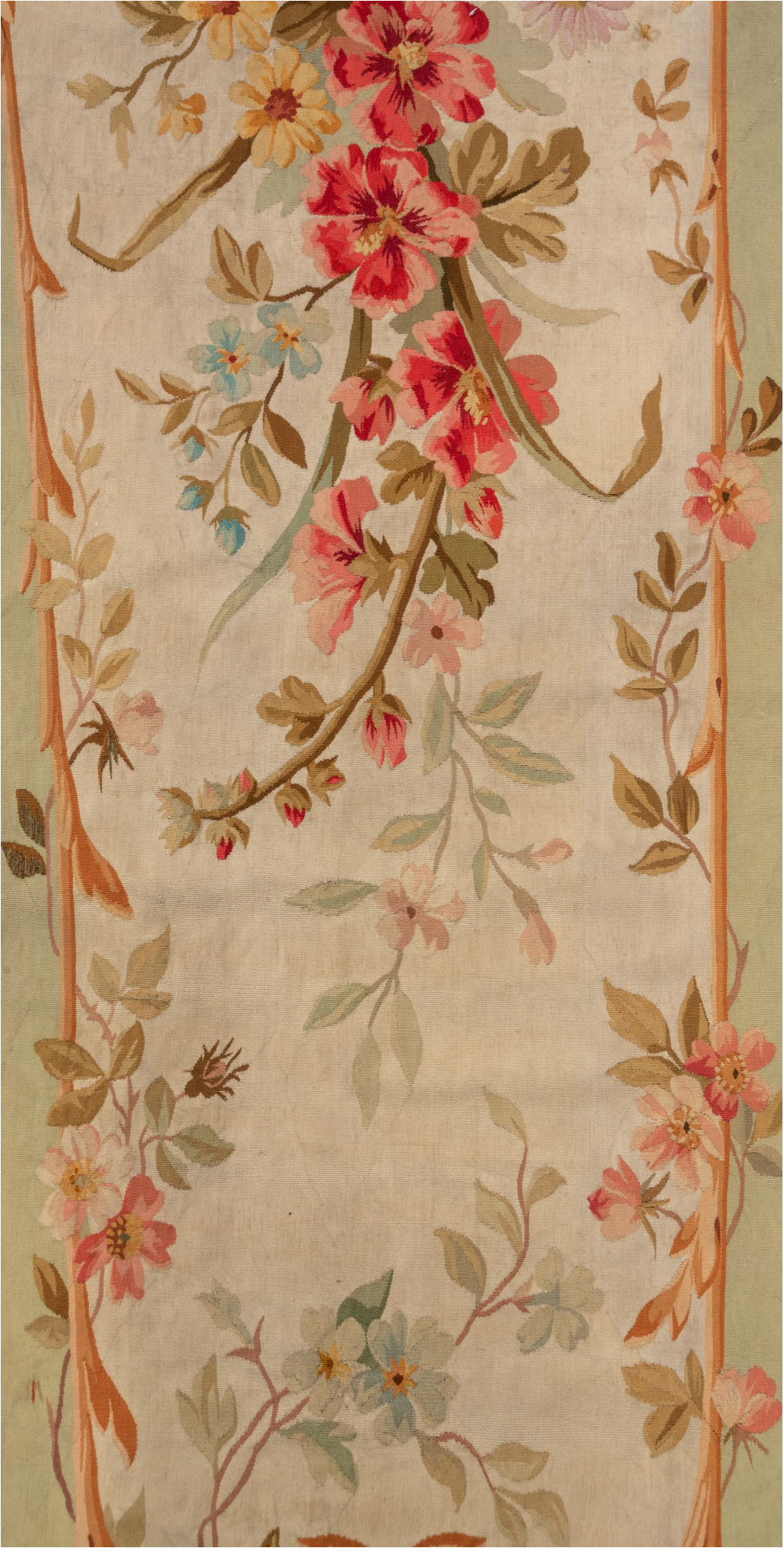 2' x 7' one-of-a-kind handmade vintage Aubusson runner rug. Color palette: brown, gray, off-white, pink, red, snow, white