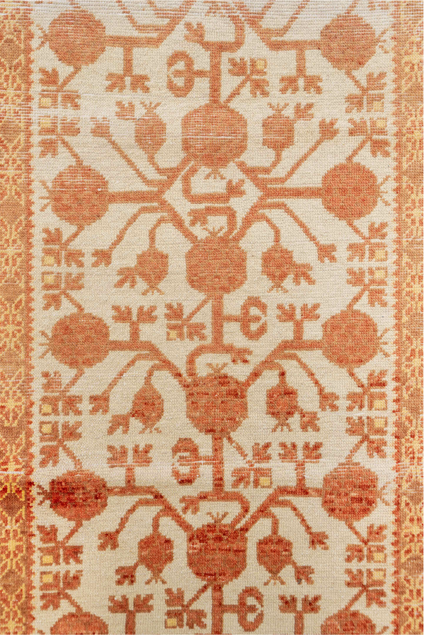 3' x 16' one-of-a-kind handmade vintage Khotan runner rug. Color palette: brown, orange, off-white, pink, white, snow