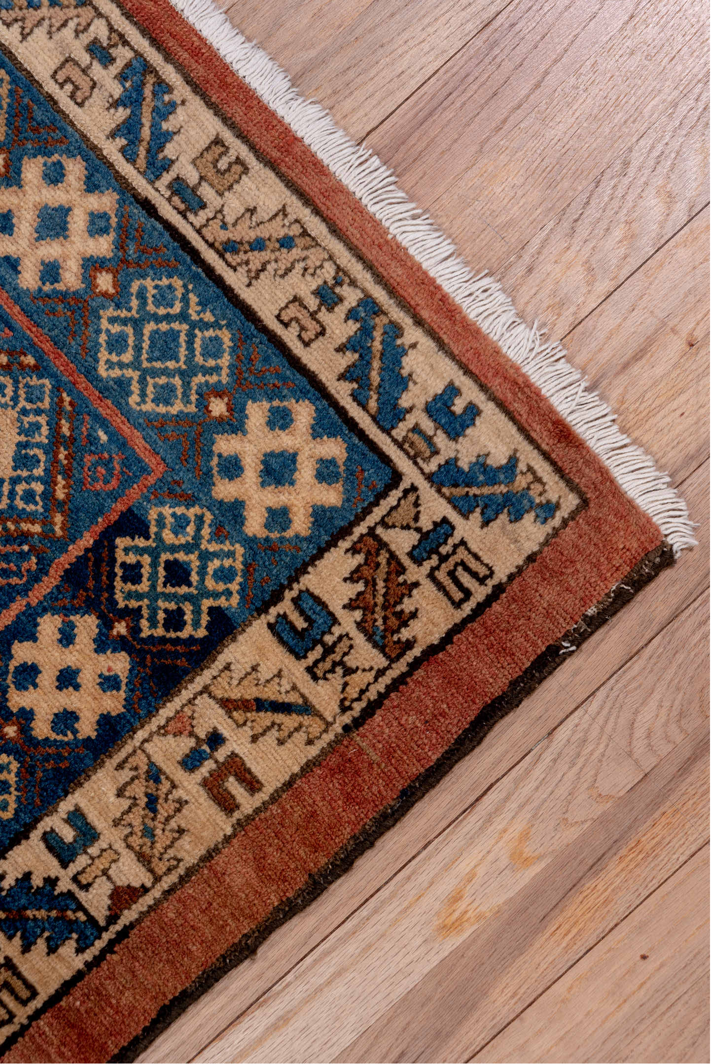 3' x 10' one-of-a-kind handmade vintage Malayer runner rug. Color palette: red, brown, gray, pink, blue, orange, fiord
