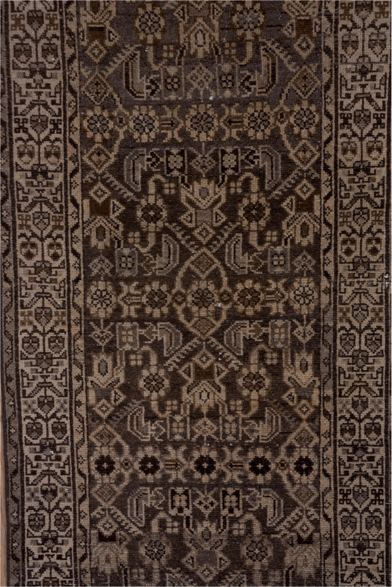2' x 13' one-of-a-kind handmade vintage Malayer runner rug. Color palette: brown, gray, off-white, pink, snow, white