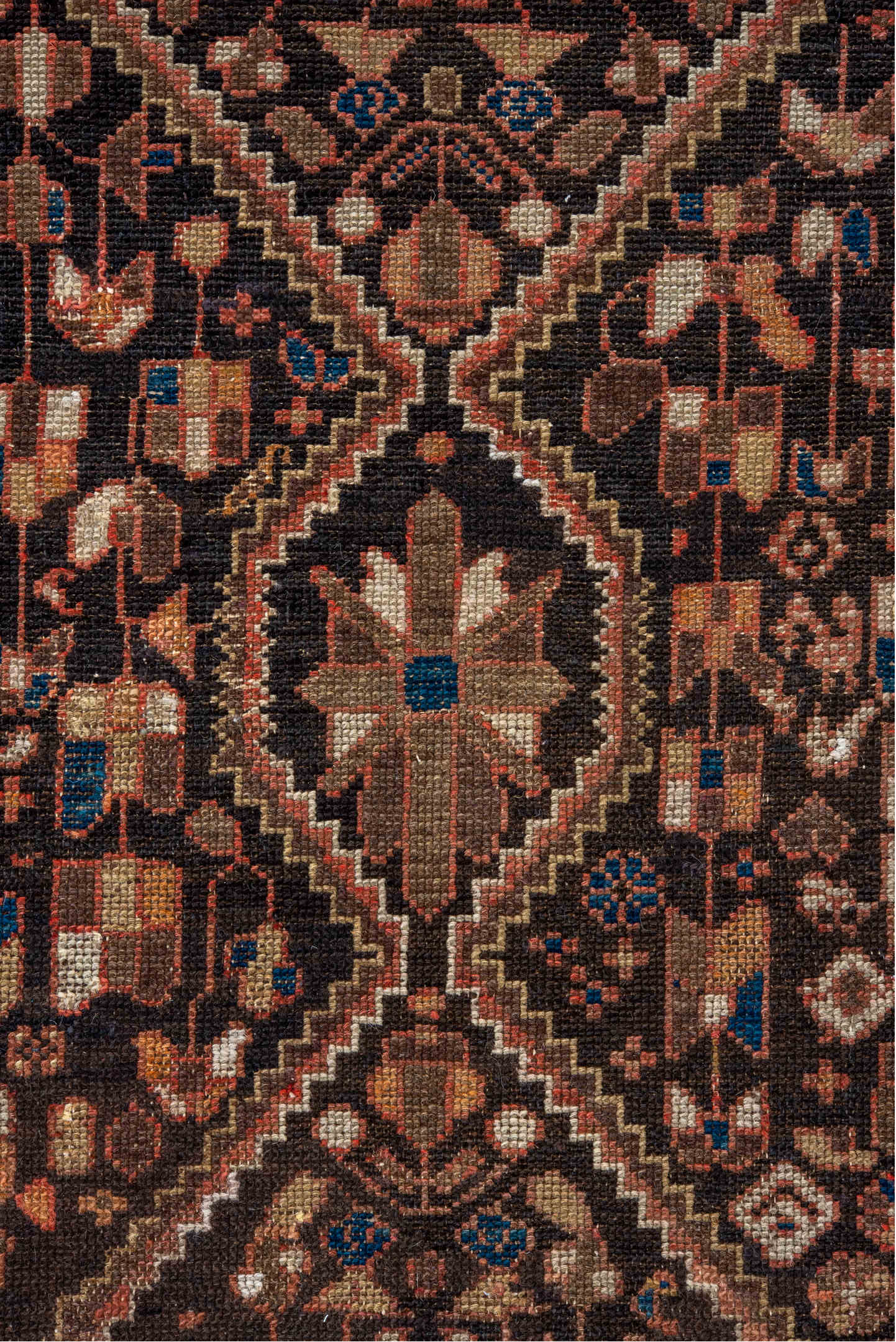 3' x 9' one-of-a-kind handmade vintage Malayer runner rug. Color palette: brown, black, pink, gray, red