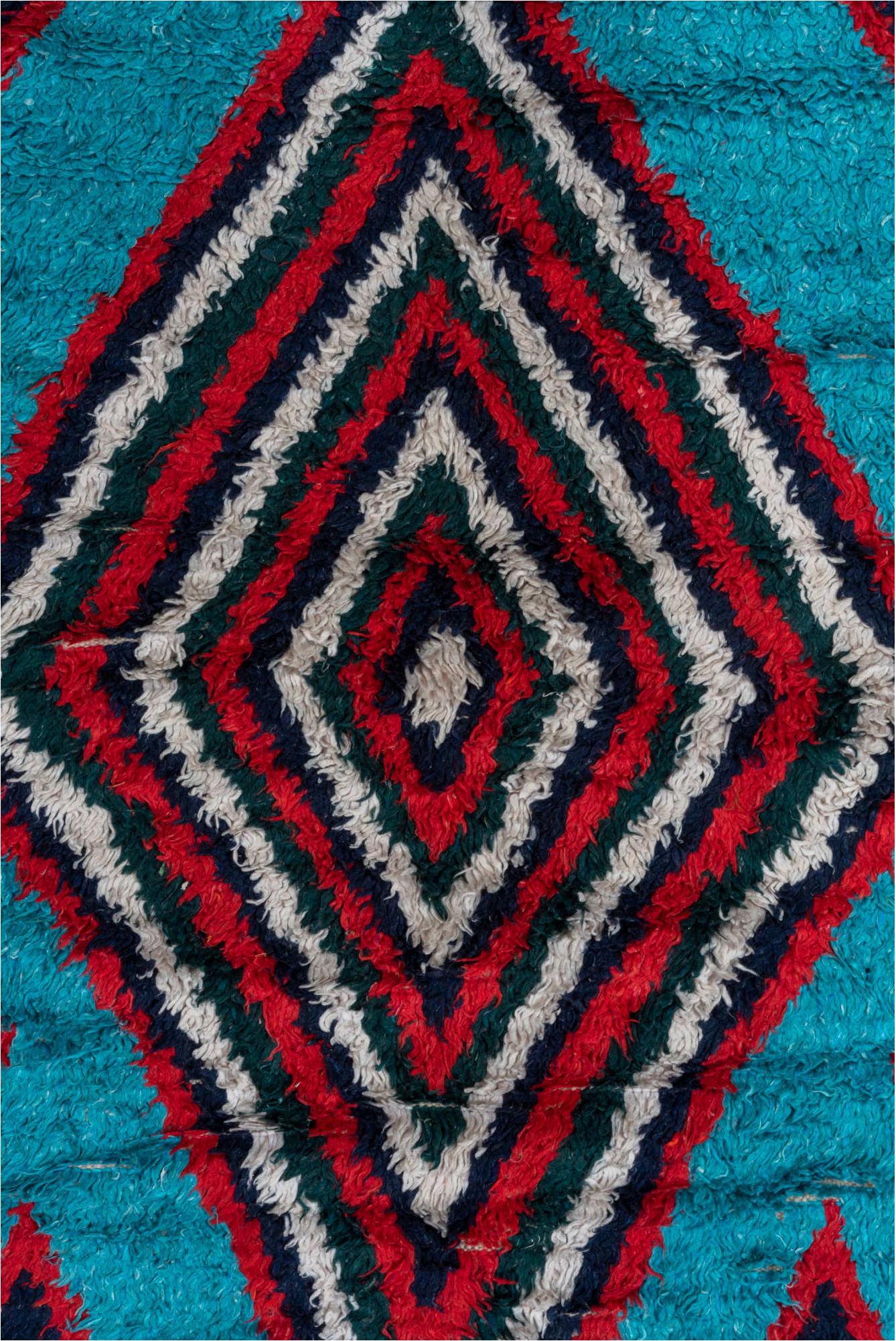3' x 6' one-of-a-kind handmade vintage Rag Rug small size rug. Color palette: black, blue, brown, gray, light gray