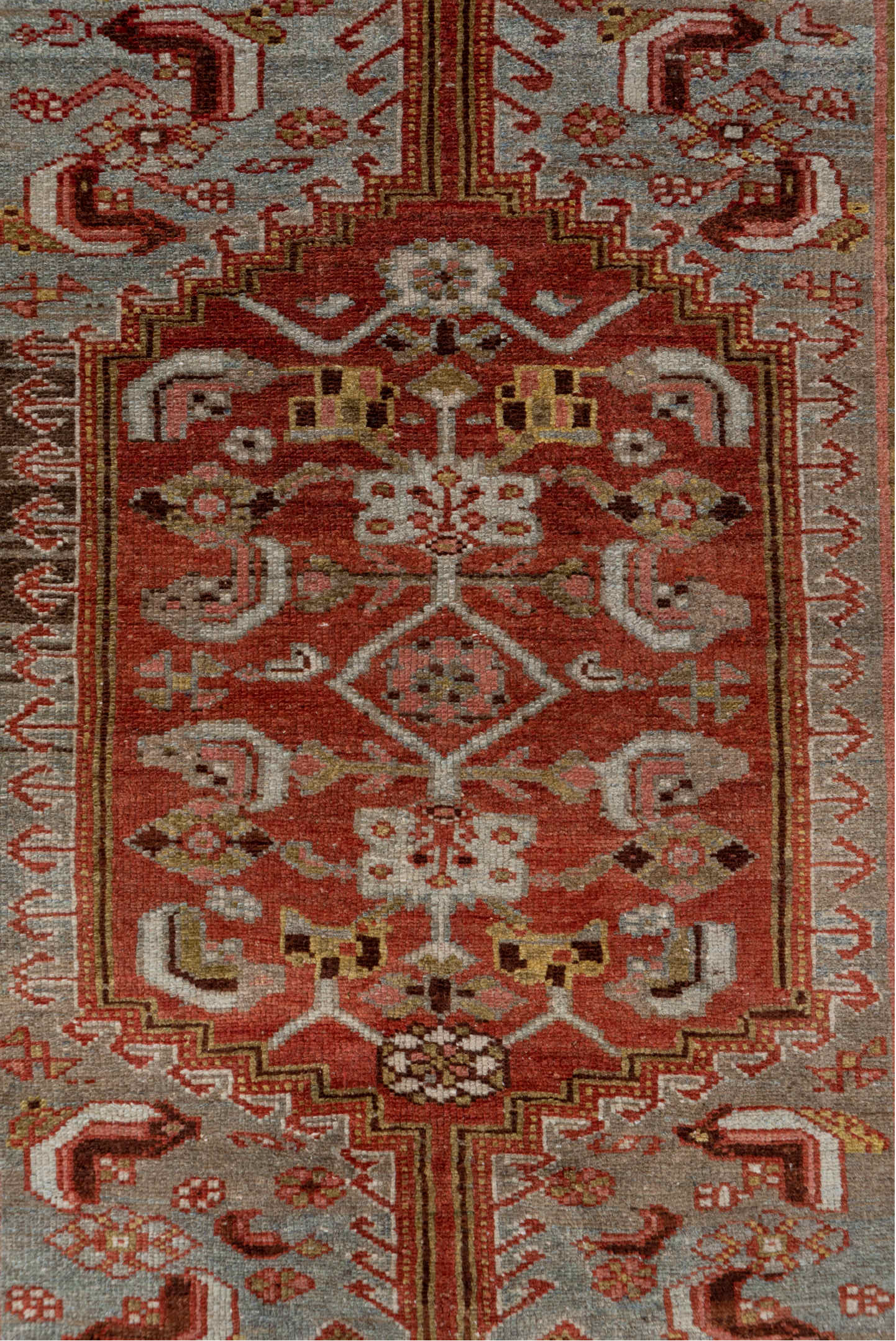 4' x 6' one-of-a-kind handmade vintage Malayer small size rug. Color palette: gray, brown, pink, red, light gray, off-white