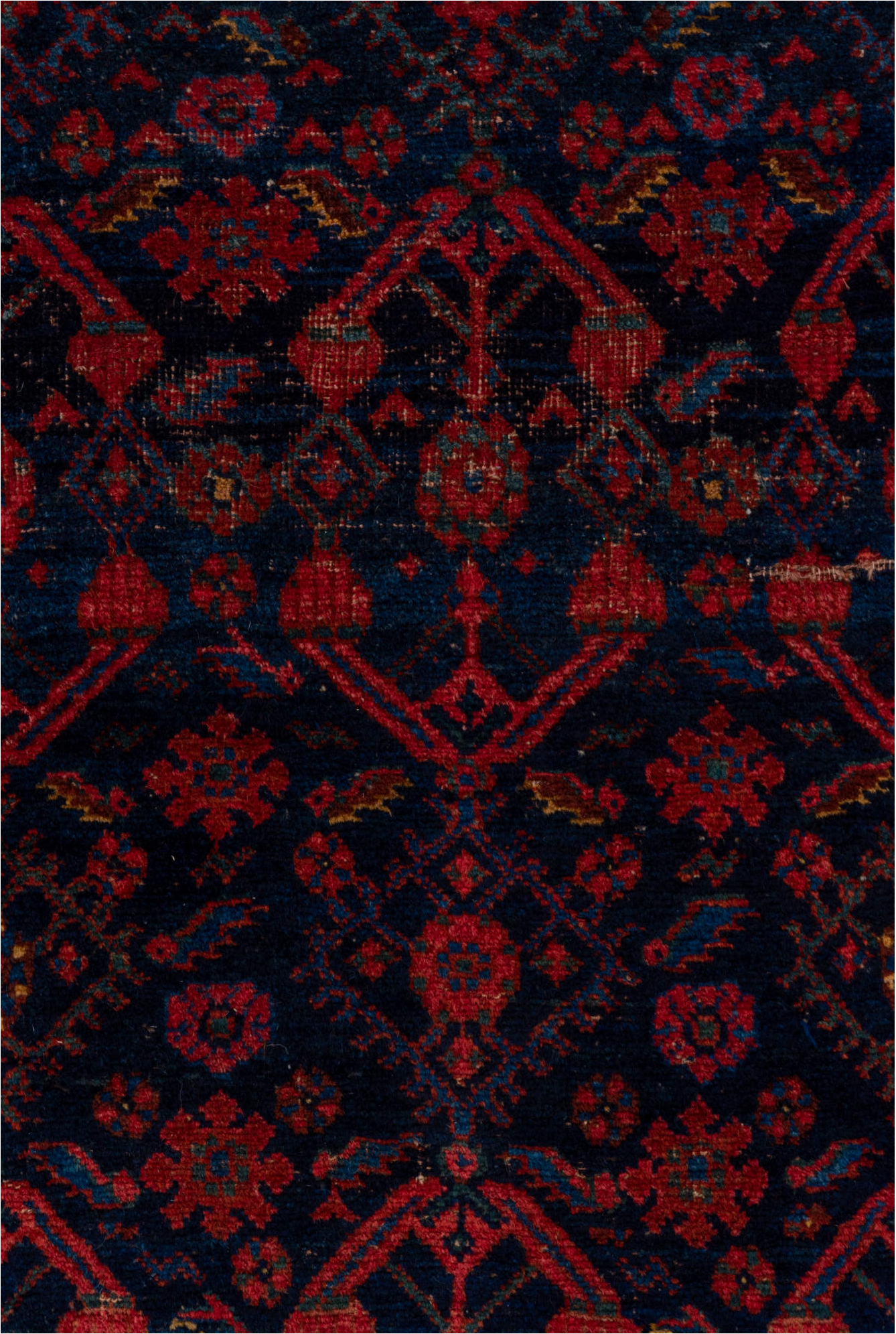 4' x 7' one-of-a-kind handmade vintage Bidjar rug. Color palette: black, brown, pink, red