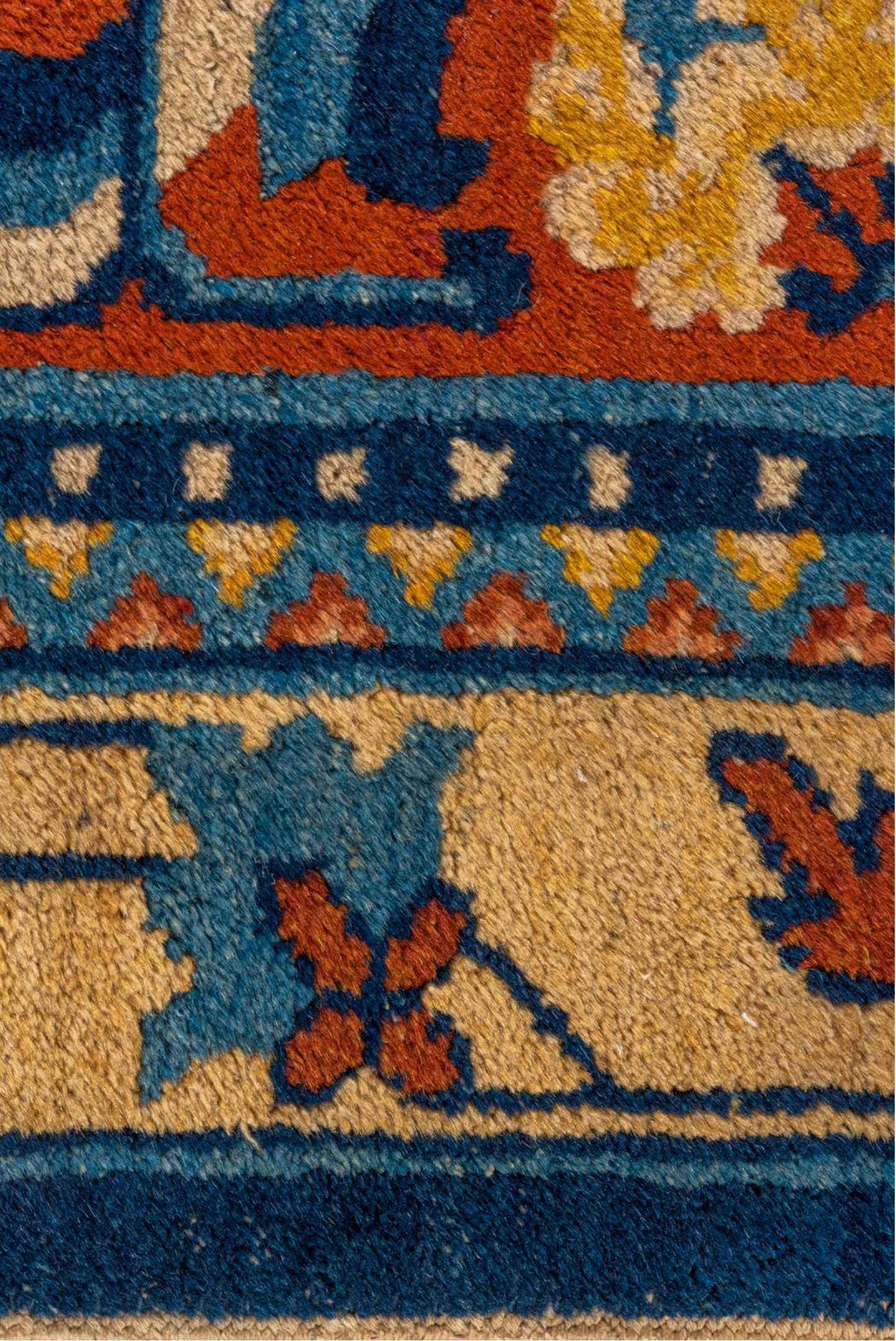 2' x 2' one-of-a-kind handmade vintage Chinese small size rug. Color palette: brown, yellow, gray, off-white, blue, orange