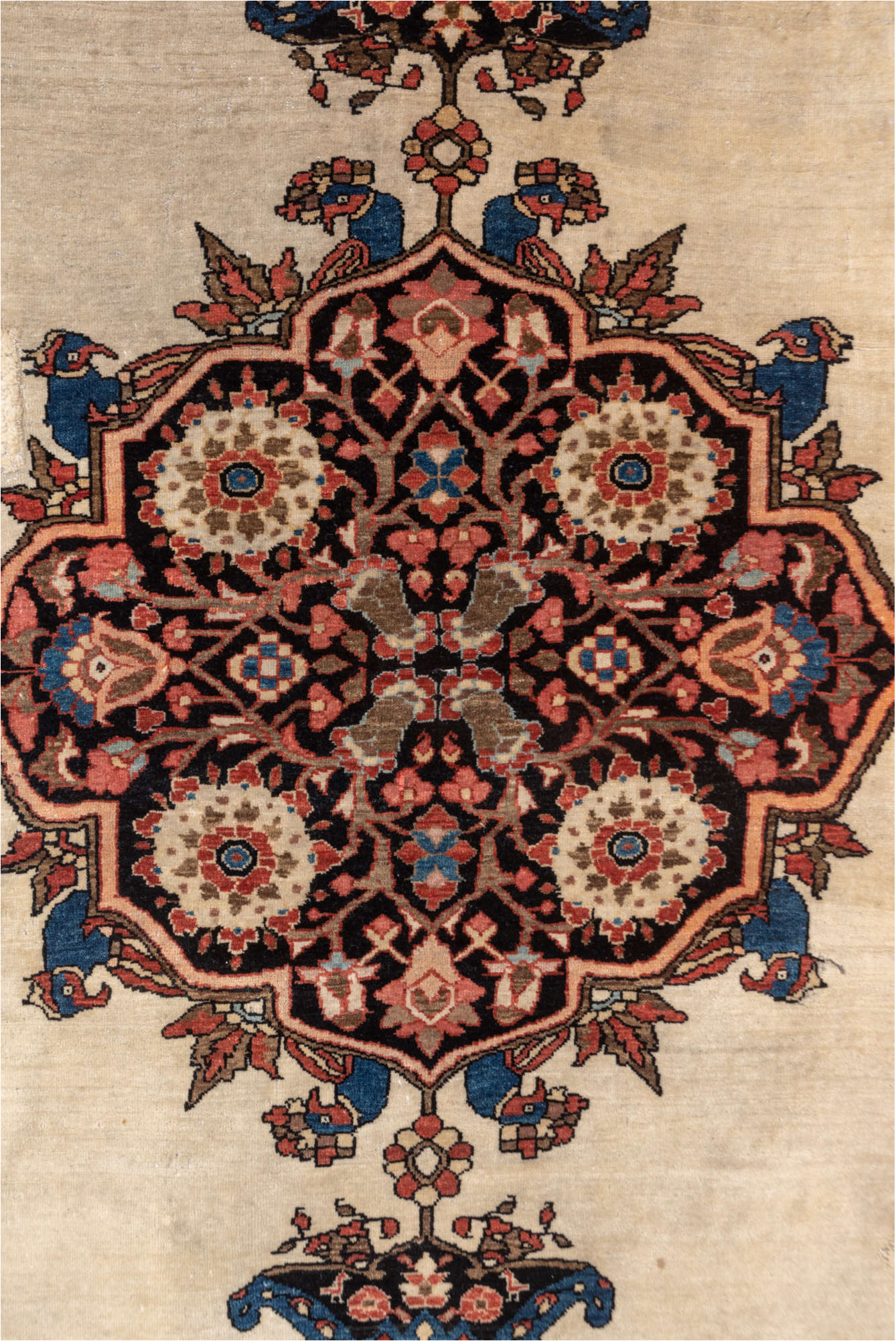 4' x 6' one-of-a-kind handmade vintage Far.Sarouk small size rug. Color palette: brown, gray, blue, black, red, pink, orange