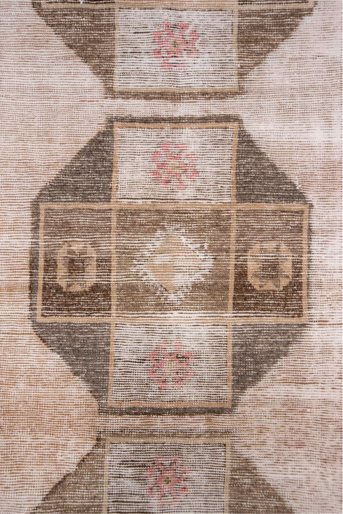 2' x 13' one-of-a-kind handmade vintage Oushak runner rug. Color palette: pink, light gray, off-white, gray, brown, orange