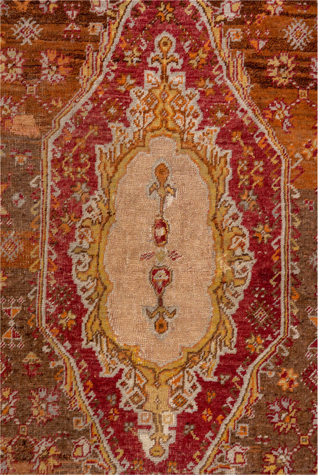 3' x 5' one-of-a-kind handmade vintage Sivas small size rug. Color palette: brown, gray, light gray, off-white, orange, pink