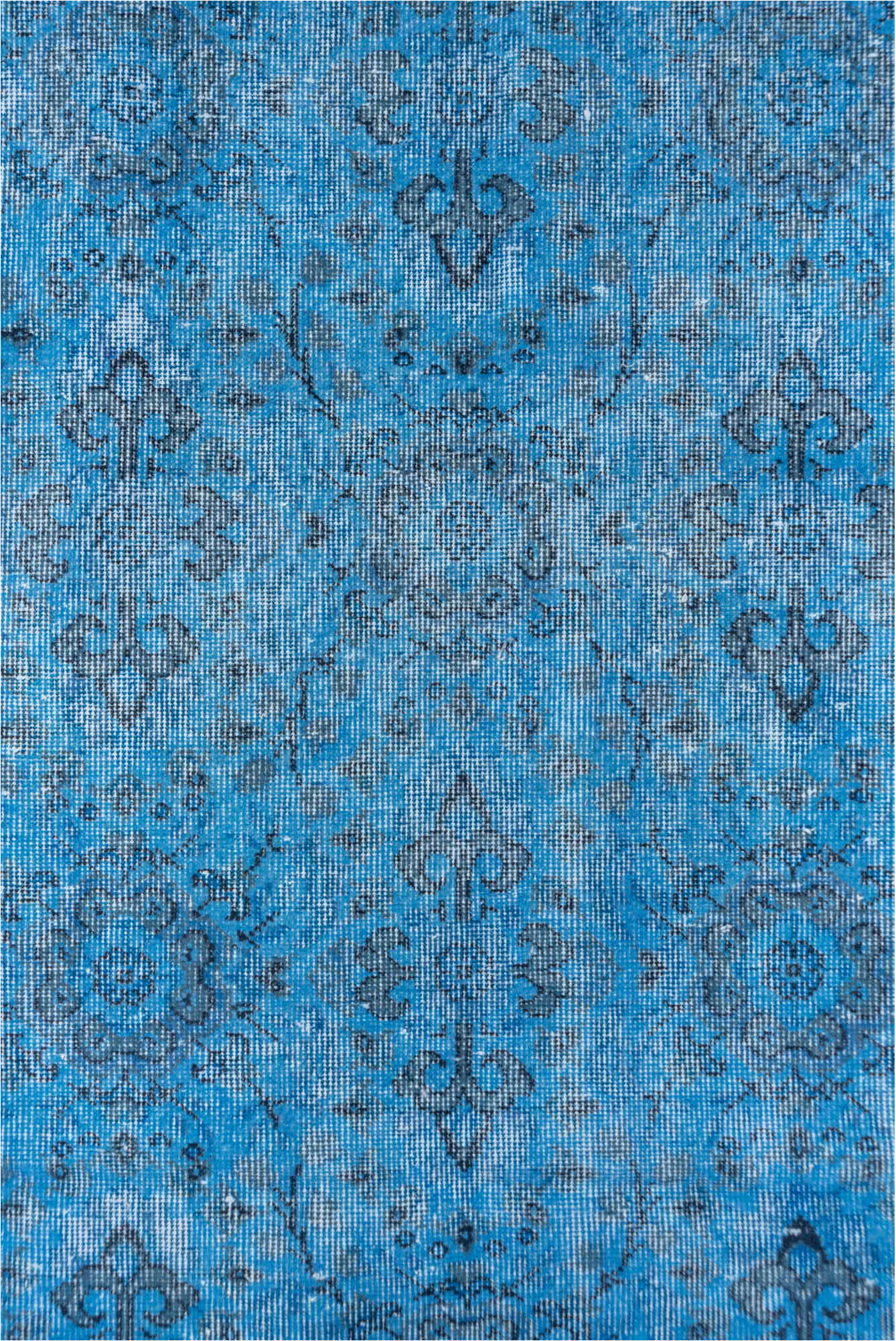 5' x 9' one-of-a-kind handmade vintage Overdyed medium size rug. Color palette: arapawa, blue, gray, light blue, light gray