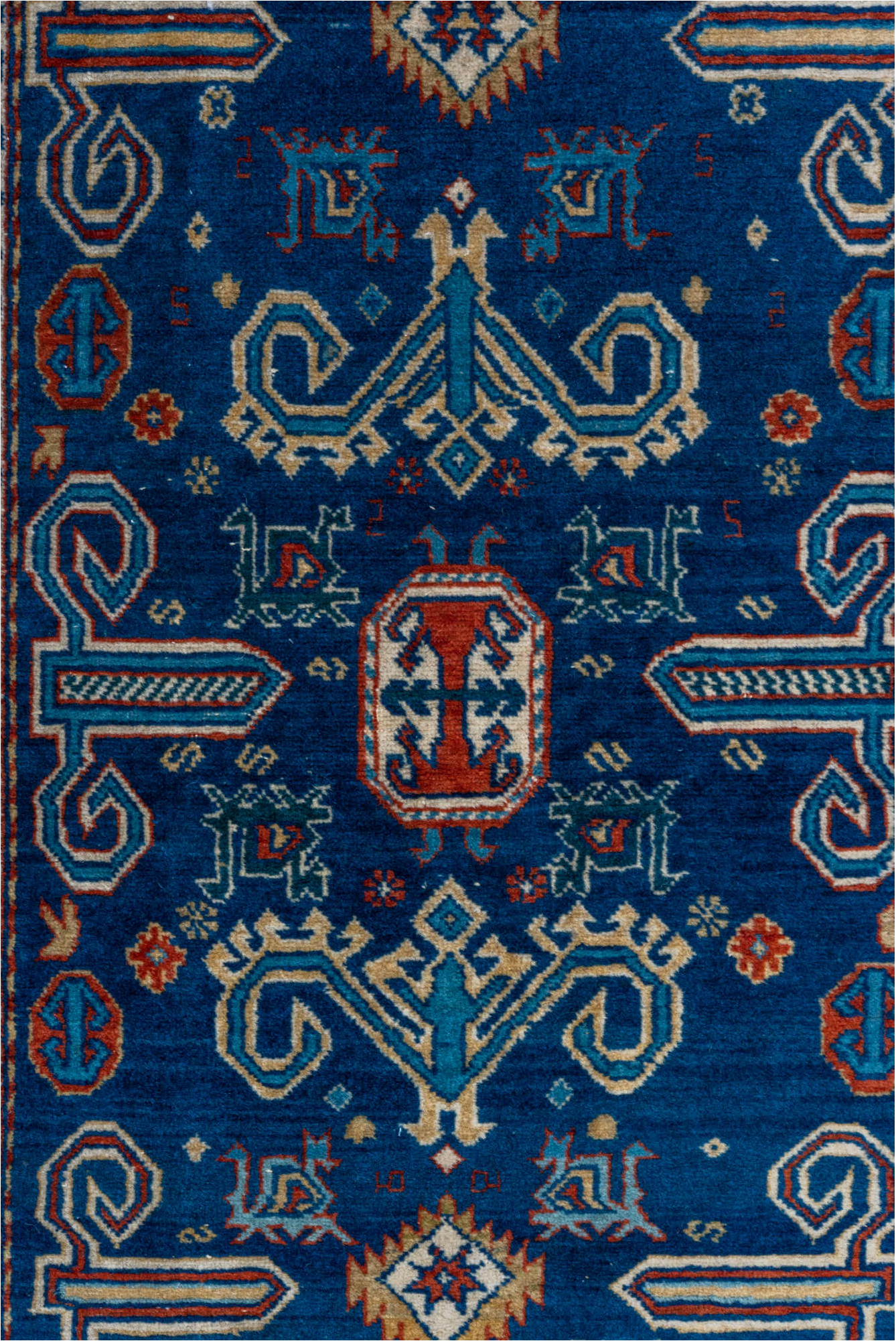4' x 5' one-of-a-kind handmade vintage Shirvan small size rug. Color palette: blue, brown, dim gray, gray, light gray, pink