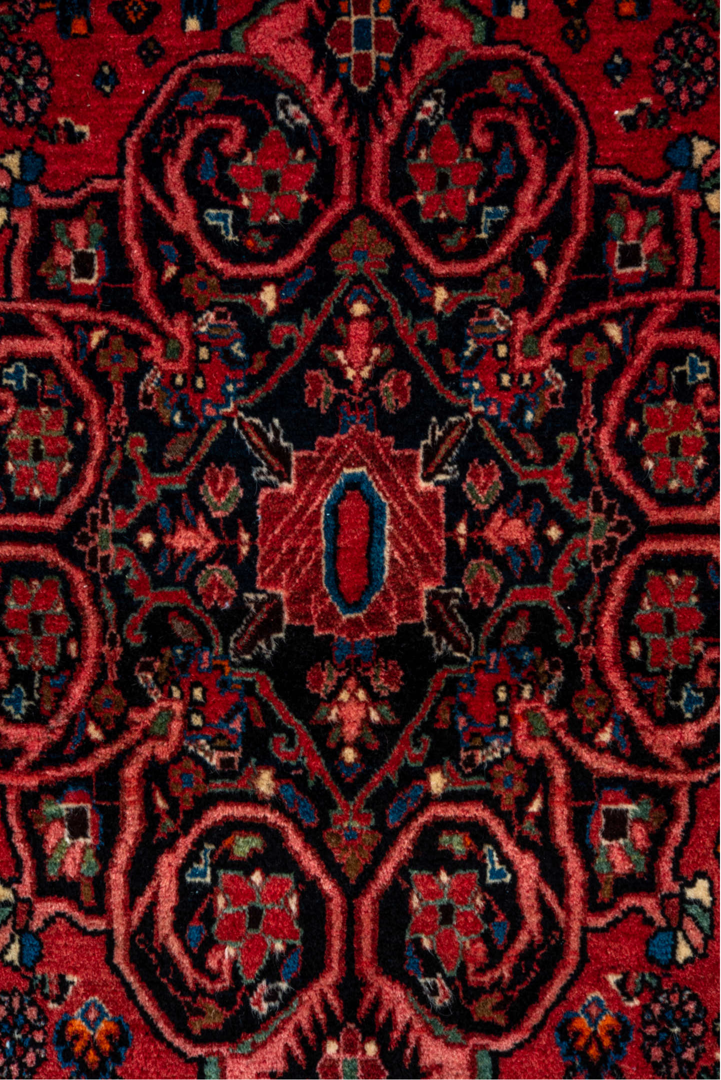 3' x 5' one-of-a-kind handmade vintage Bidjar small size rug. Color palette: brown, red, pink, blue, gray