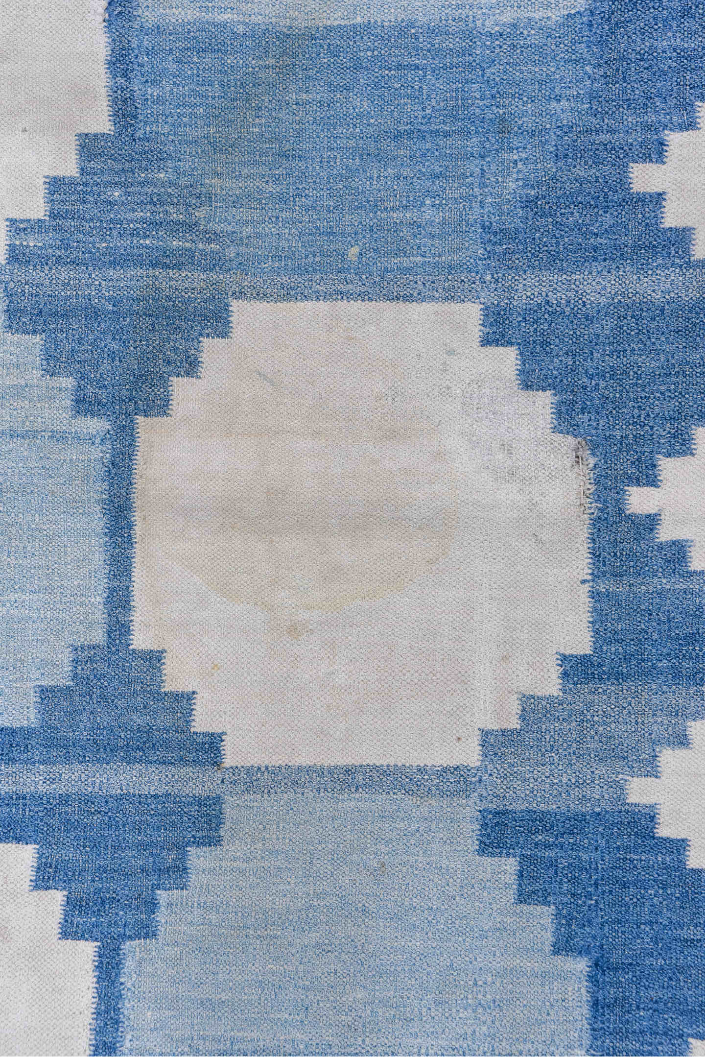 3' x 6' one-of-a-kind handmade vintage Dhurrie small size rug. Color palette: gray, blue, light blue, light gray, off-white