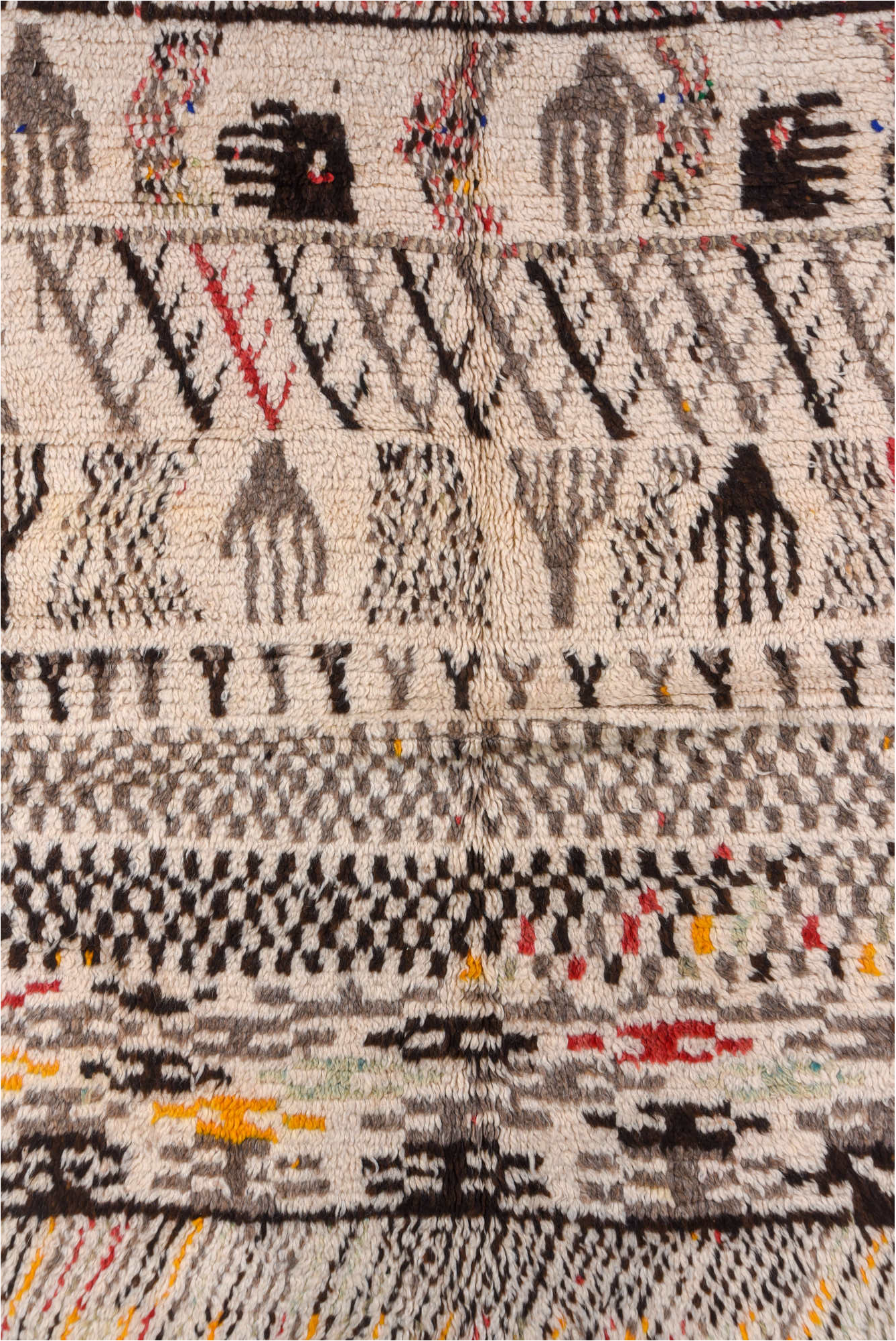 4' x 8' one-of-a-kind handmade vintage Moroccan rug. Color palette: brown, gray, light gray, off-white, orange, peru, pink