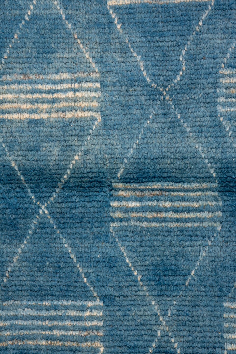 2' x 9' one-of-a-kind handmade vintage Tulu runner rug. Color palette: blue, gray, light gray, off-white, light blue, white